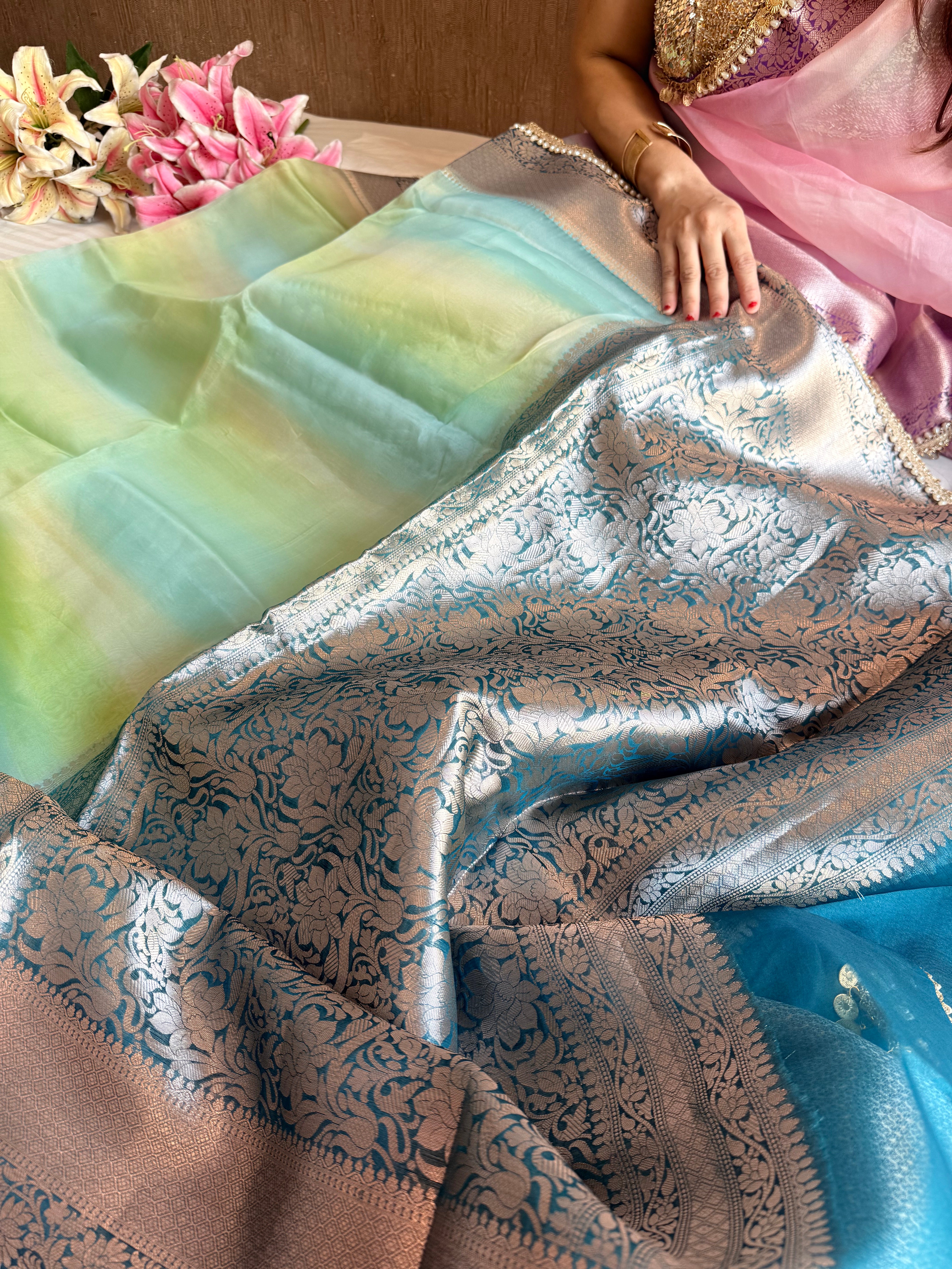 Banarasi kora silk rainbow dyed kadhwa saree with gotapatti work