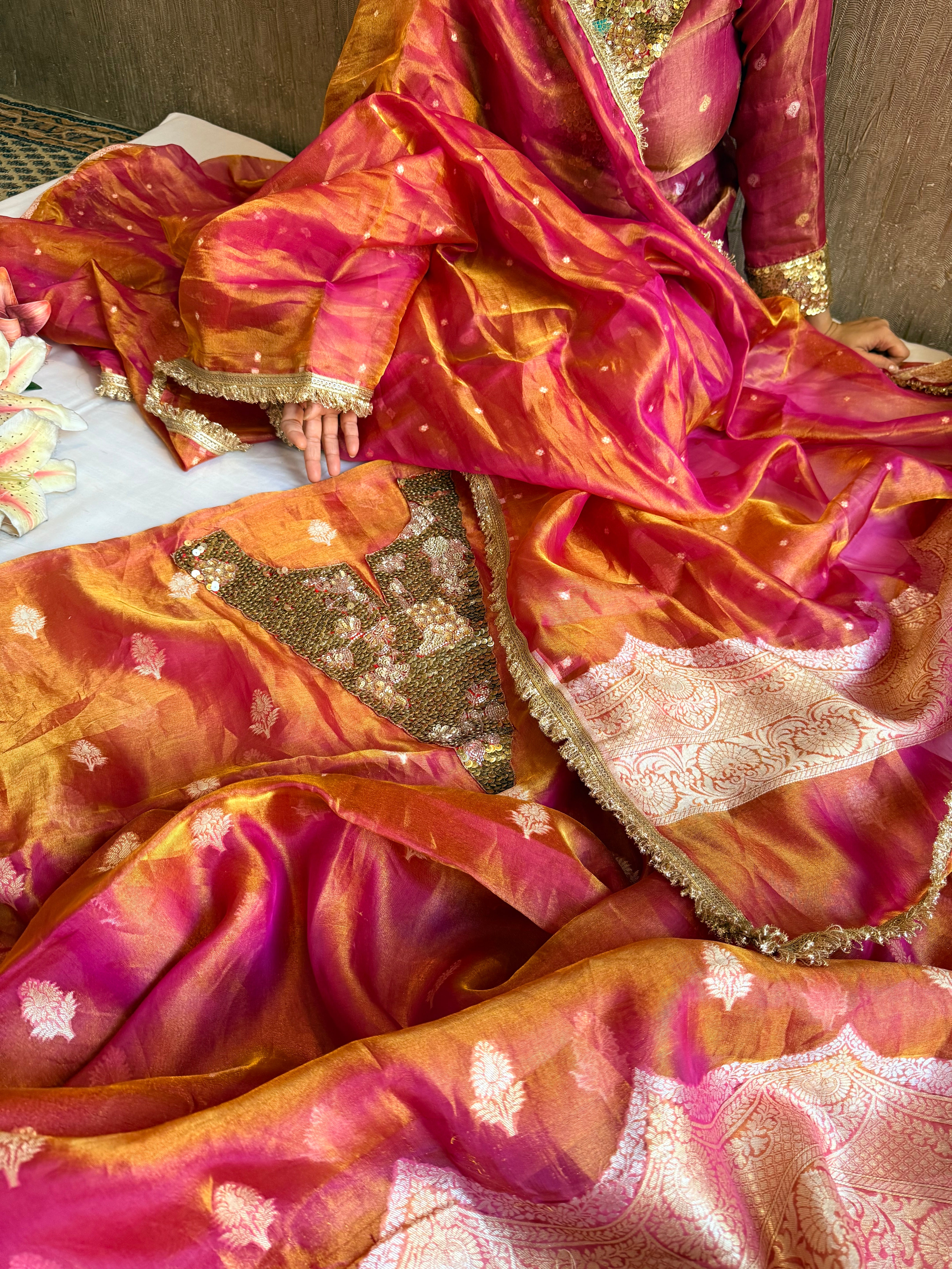 Karwachauth edit tissue silk sequins work hand embroidered suits