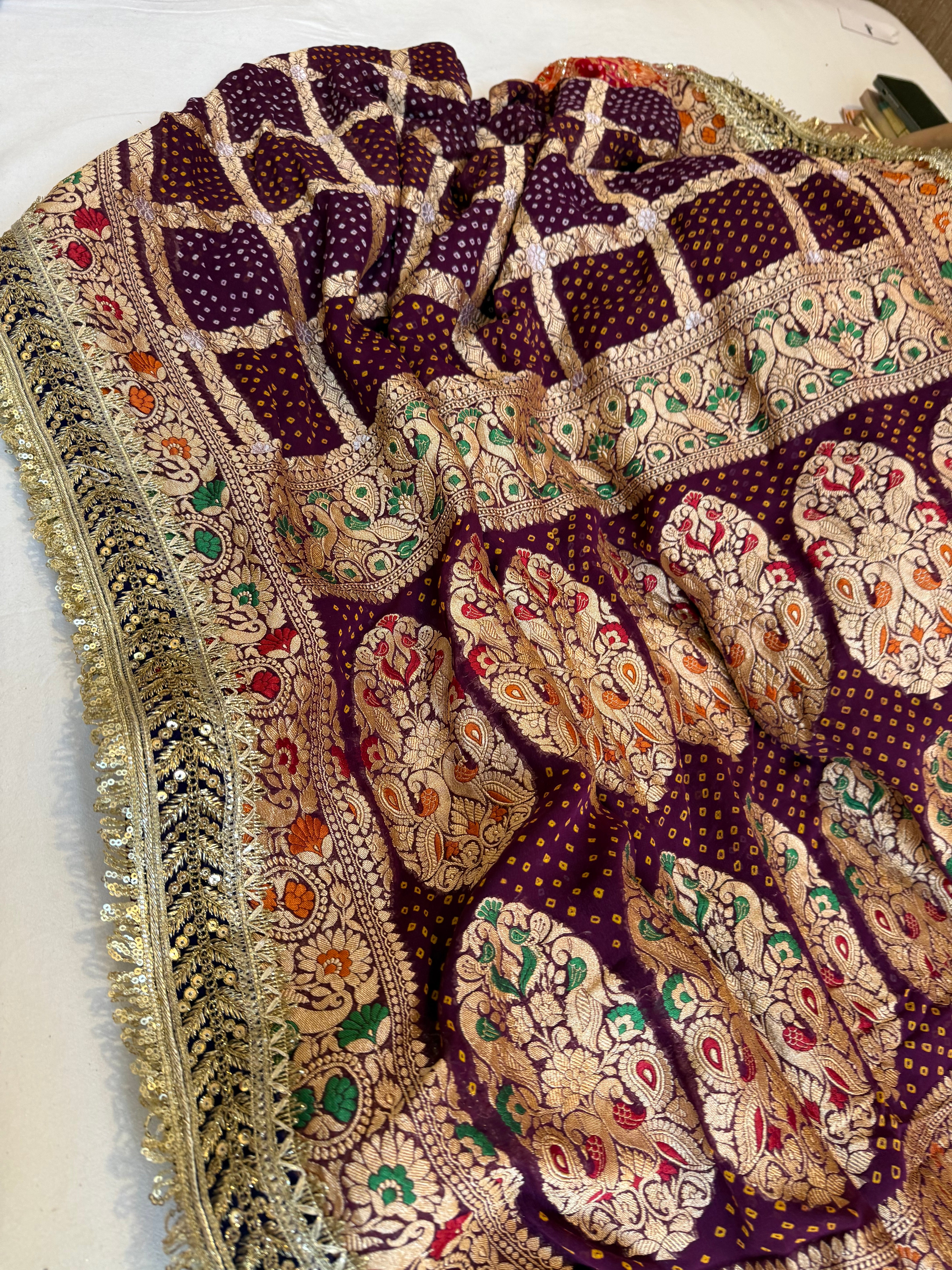Banarasi rai bandhej gorgette gharchola gotapatti kadhwa saree