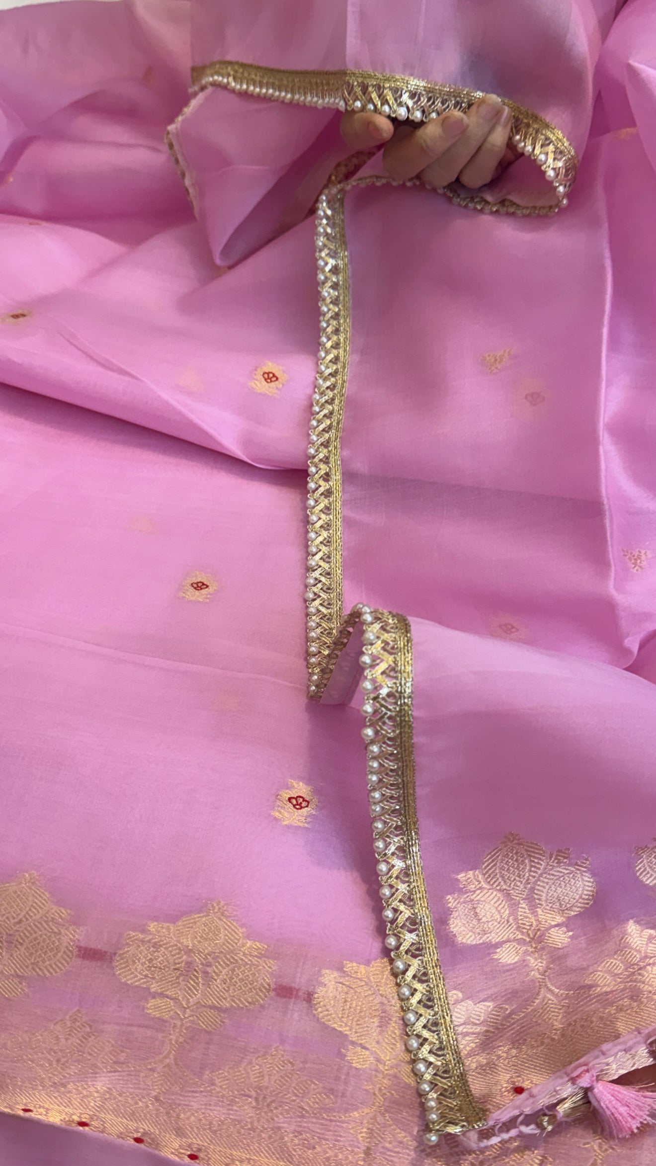 Banarasi blush pink kora silk kadhwa suit set
