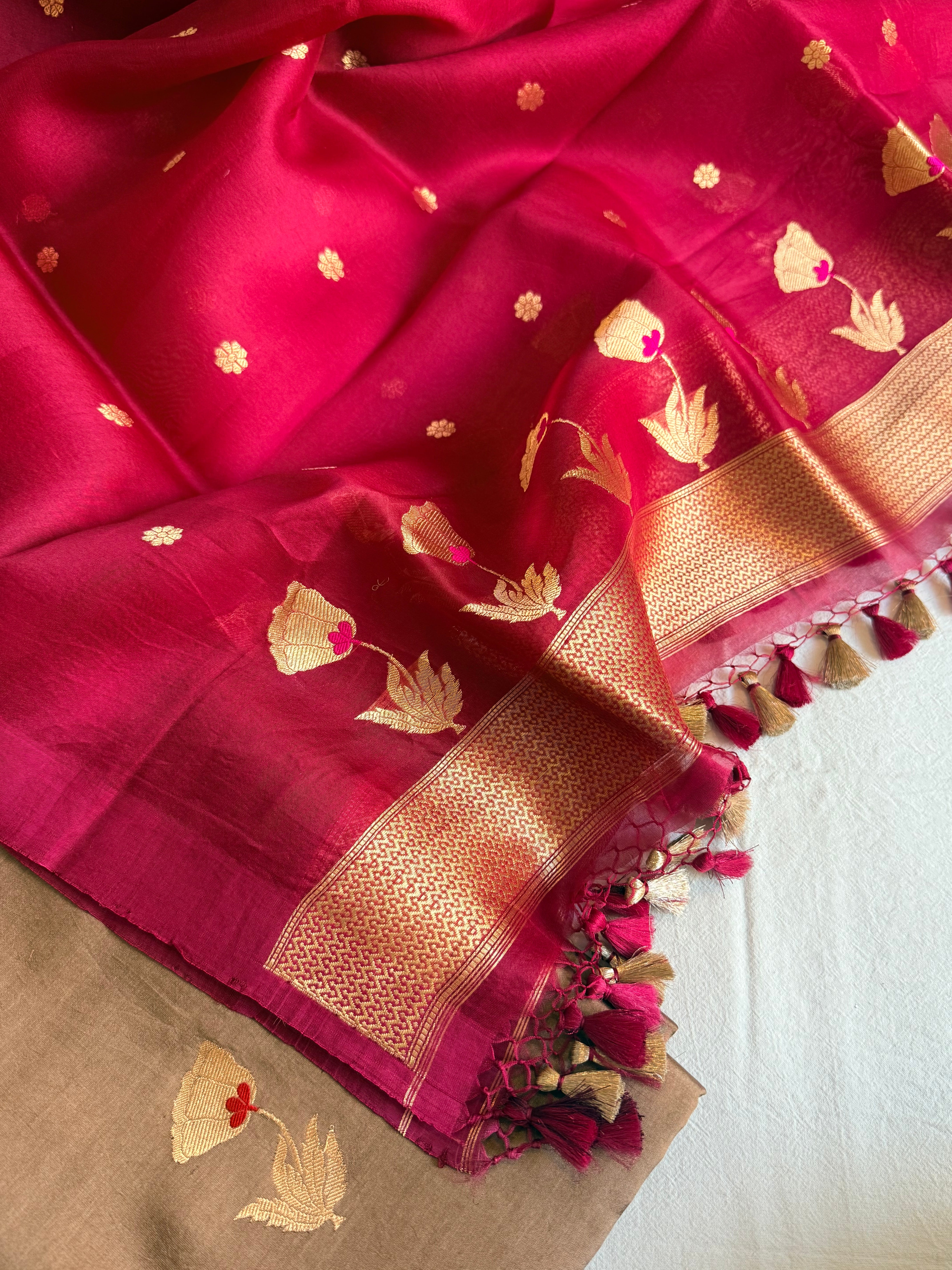 Rose buta spun chiniya silk kadhwa buti suit set