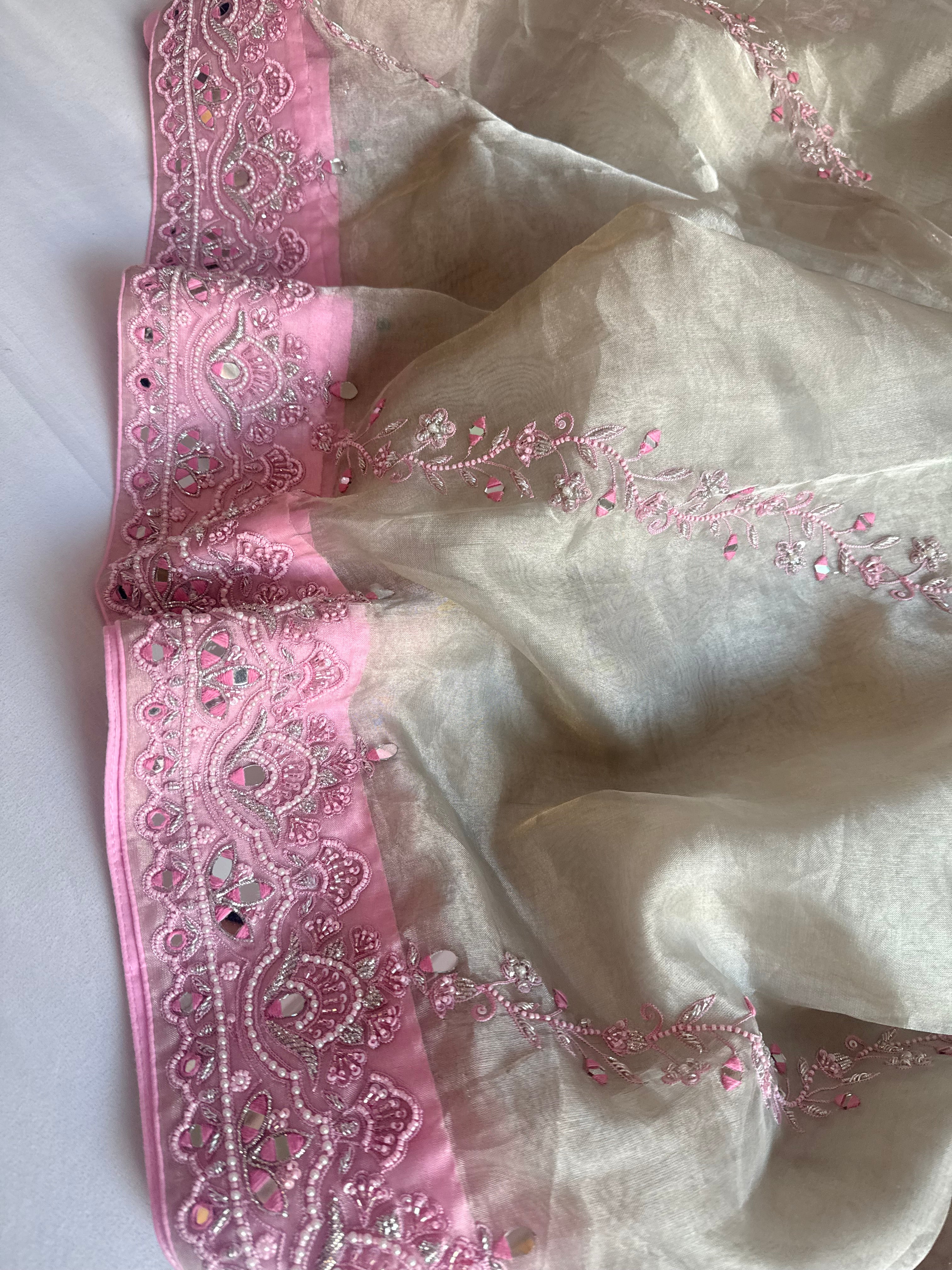 Silsila edit pink hand embroidered gulabi diamond tissue saree