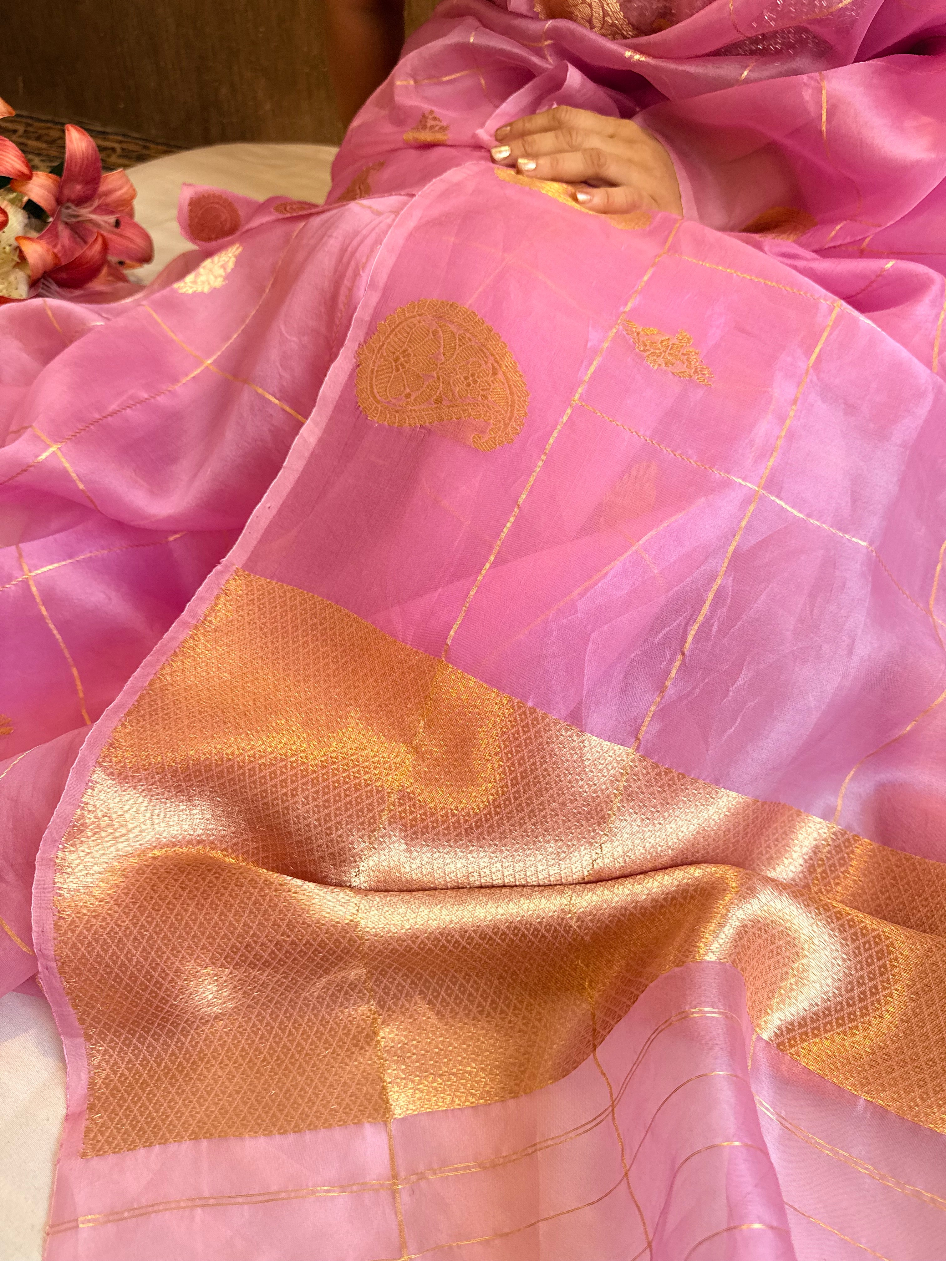 Blush pink kora silk kadhwa handloom weaving saree