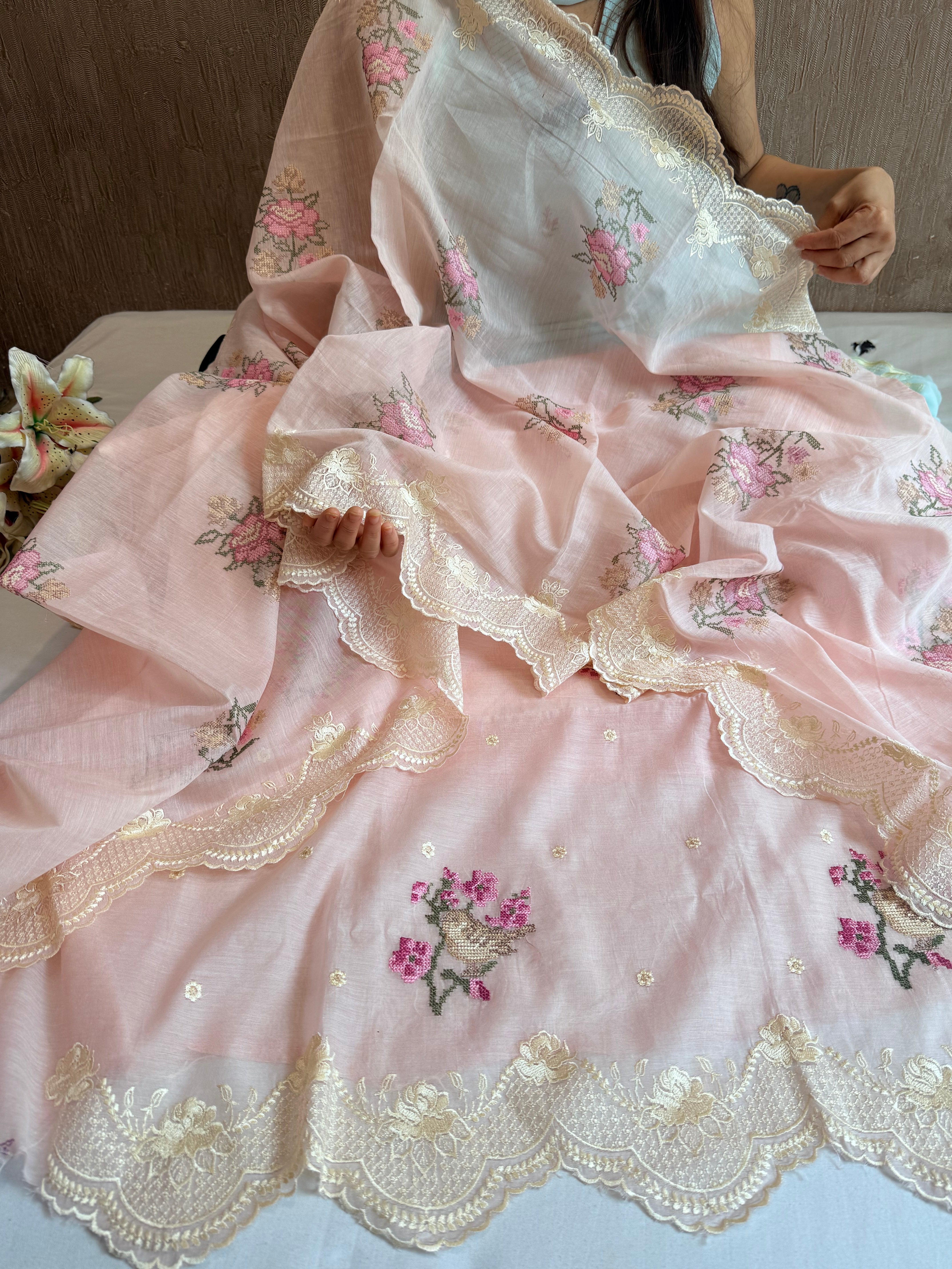 Blush pink cross-stitch hand embroidered resham work suit set