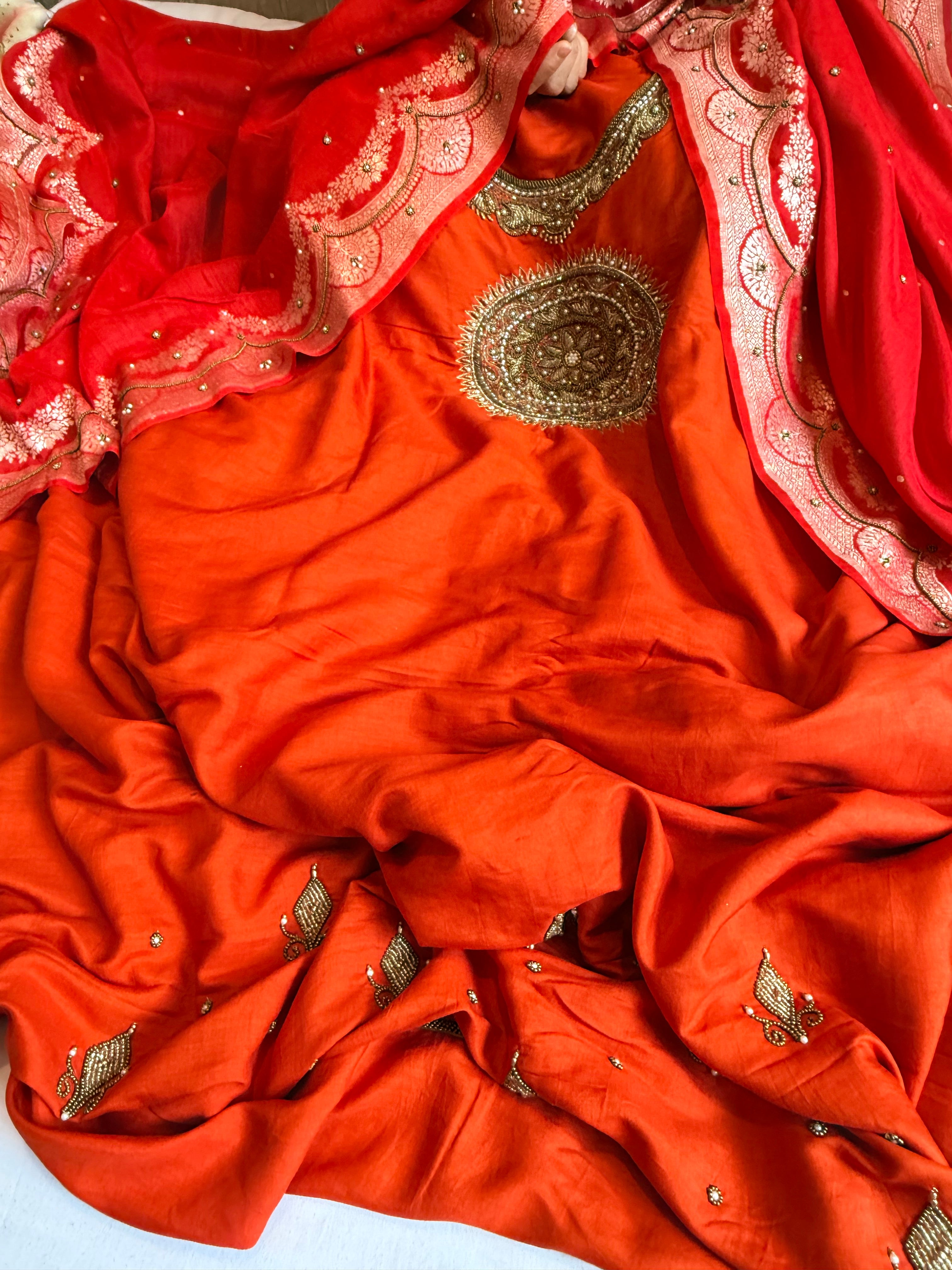 Burnt orange - red spun chiniya silk hand embroidered mandala work suit set