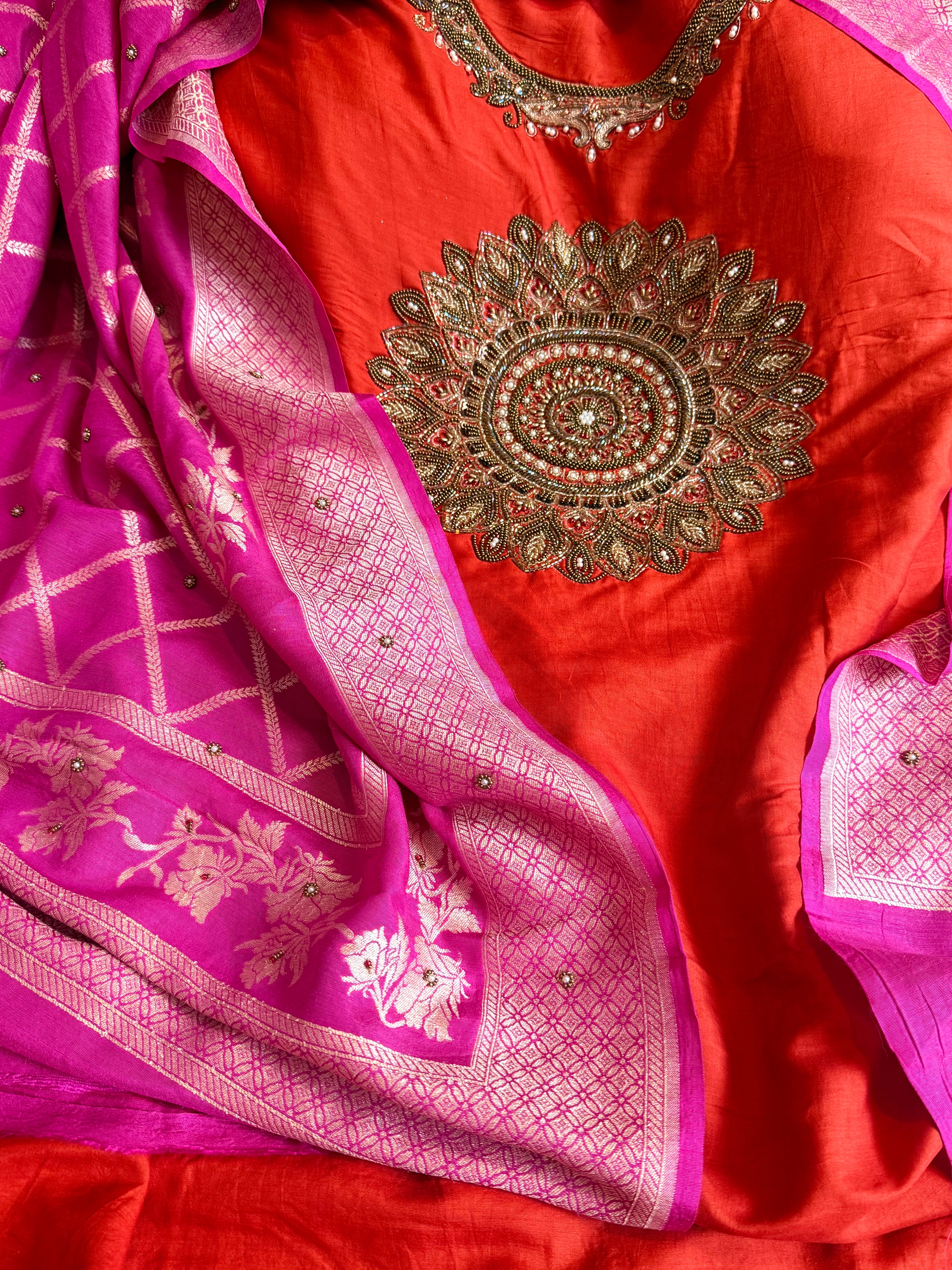 Burnt orange - Hot pink spun chiniya silk hand embroidered mandala work suit set