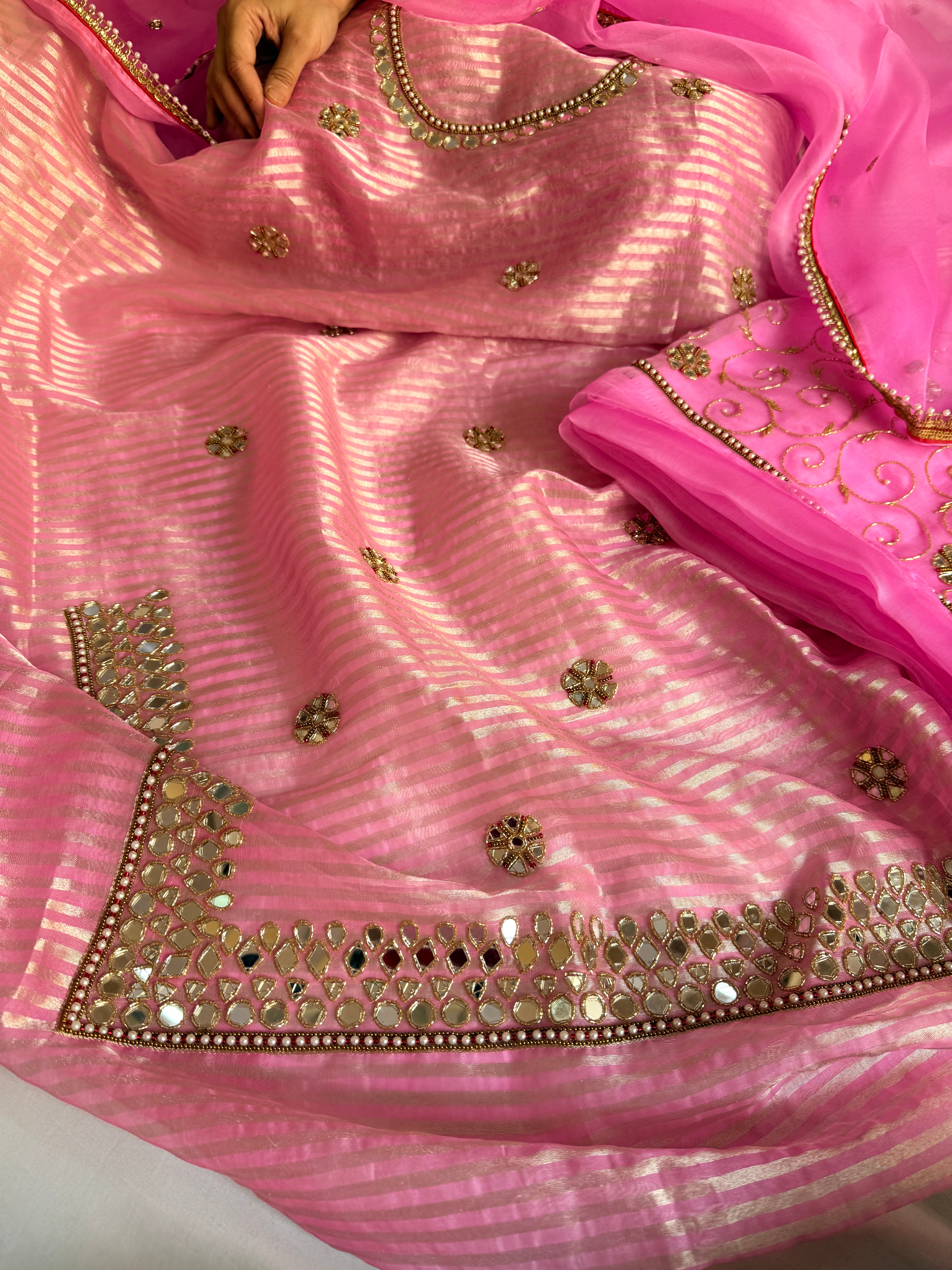 Kora silk silver zari striped mirror work edit hand embroidered kadhwa suit set