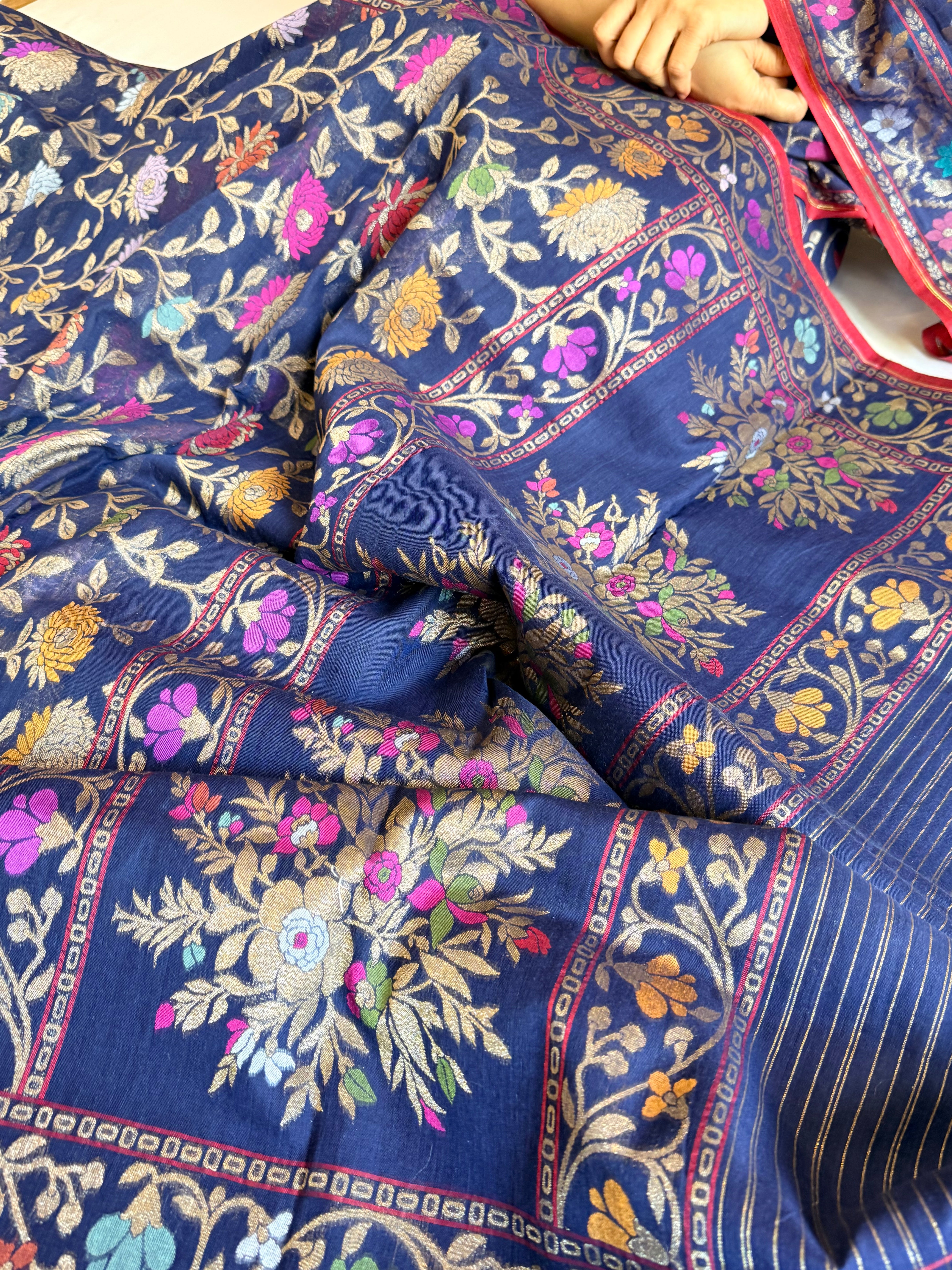Iktara banarasi cotton jamdani navy blue meenakari saree