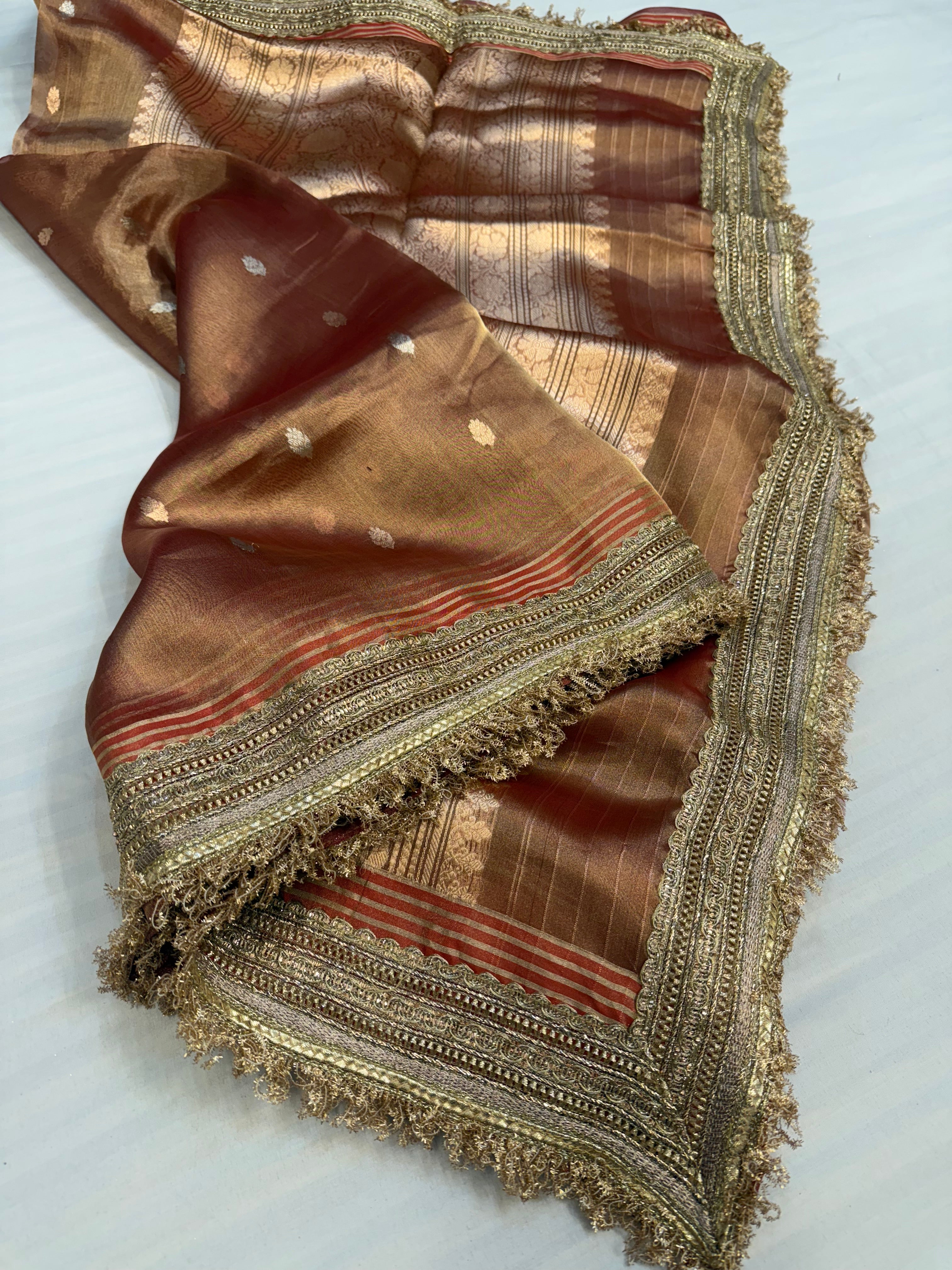 Burnt red maharani tissue silk kadhwa buti saree