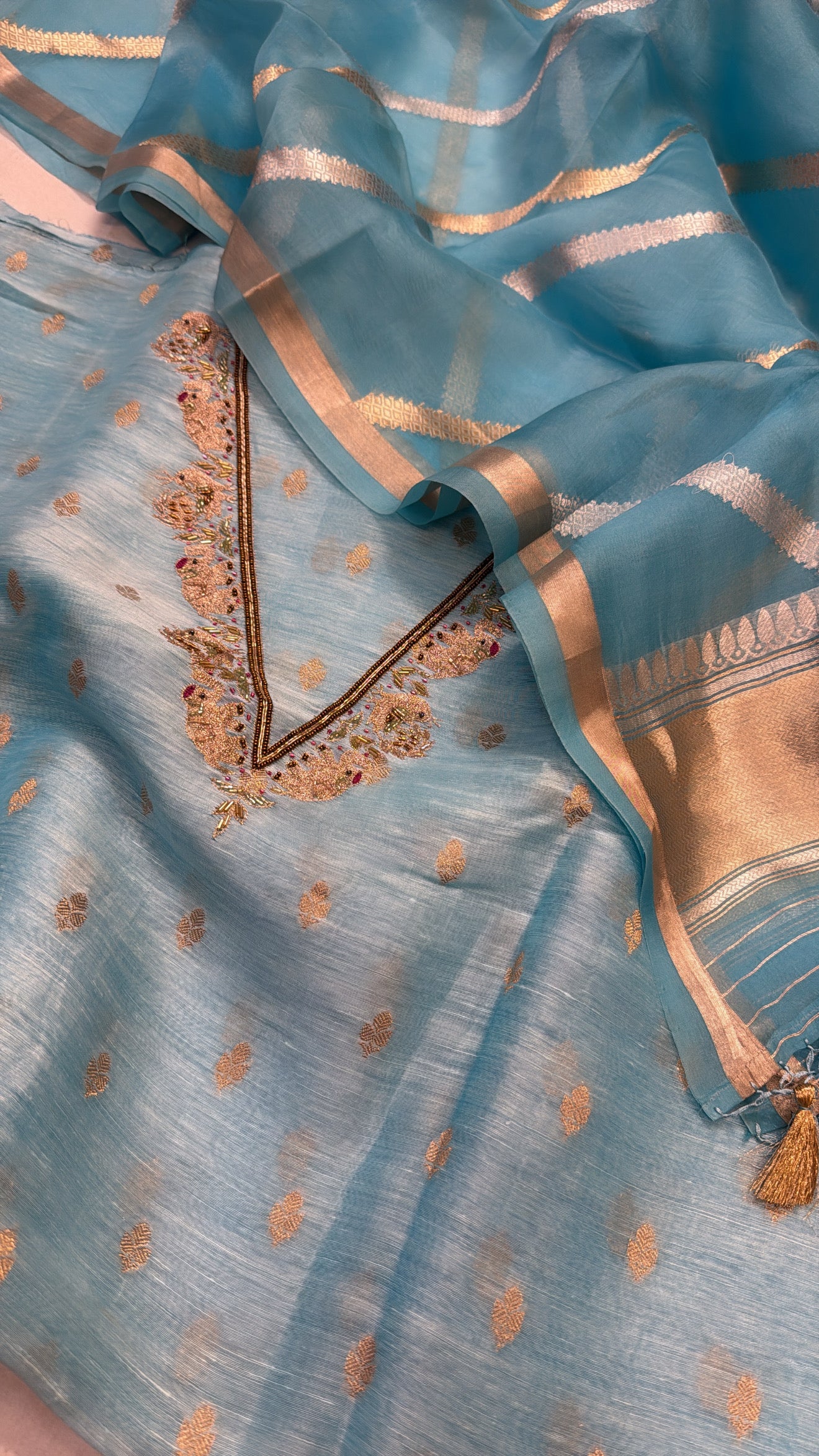 Sky blue linen gorgette hand embroidered kurta paired with kora silk duppata set