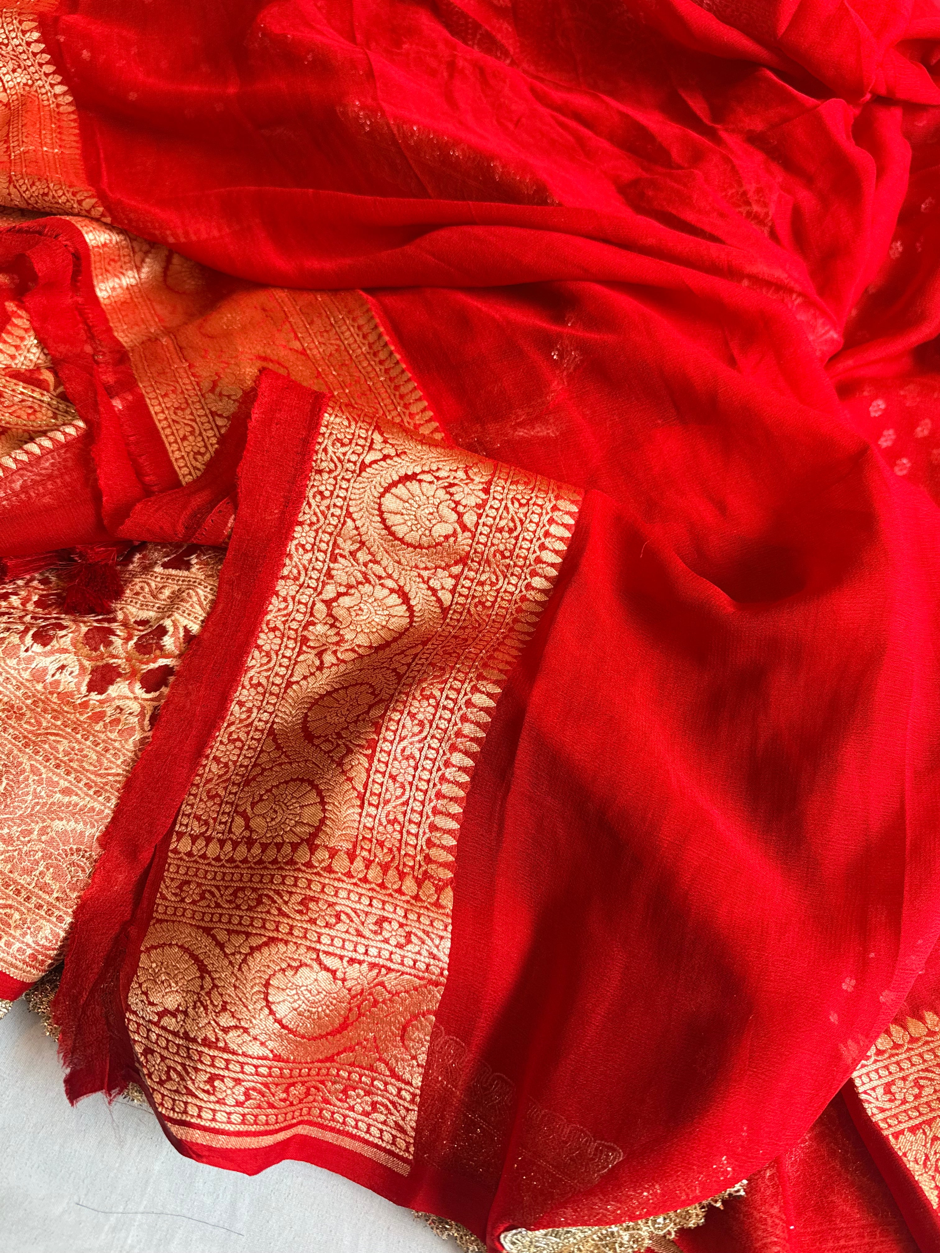 Bridal red chiffon gorgette kohniya buti hand embroidered saree