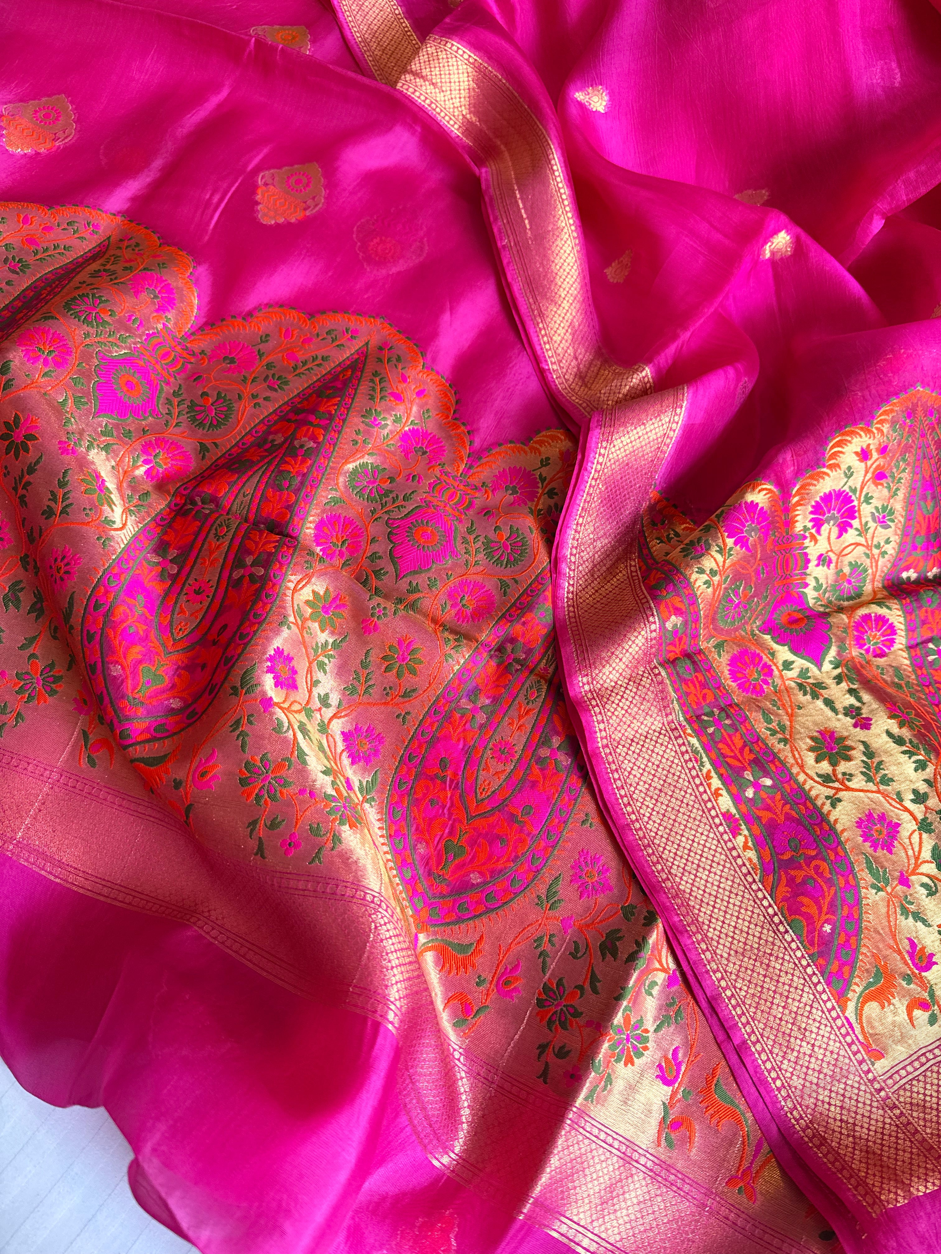Butter silk banarasi hot pink meenakari kadhwa weaving suit set