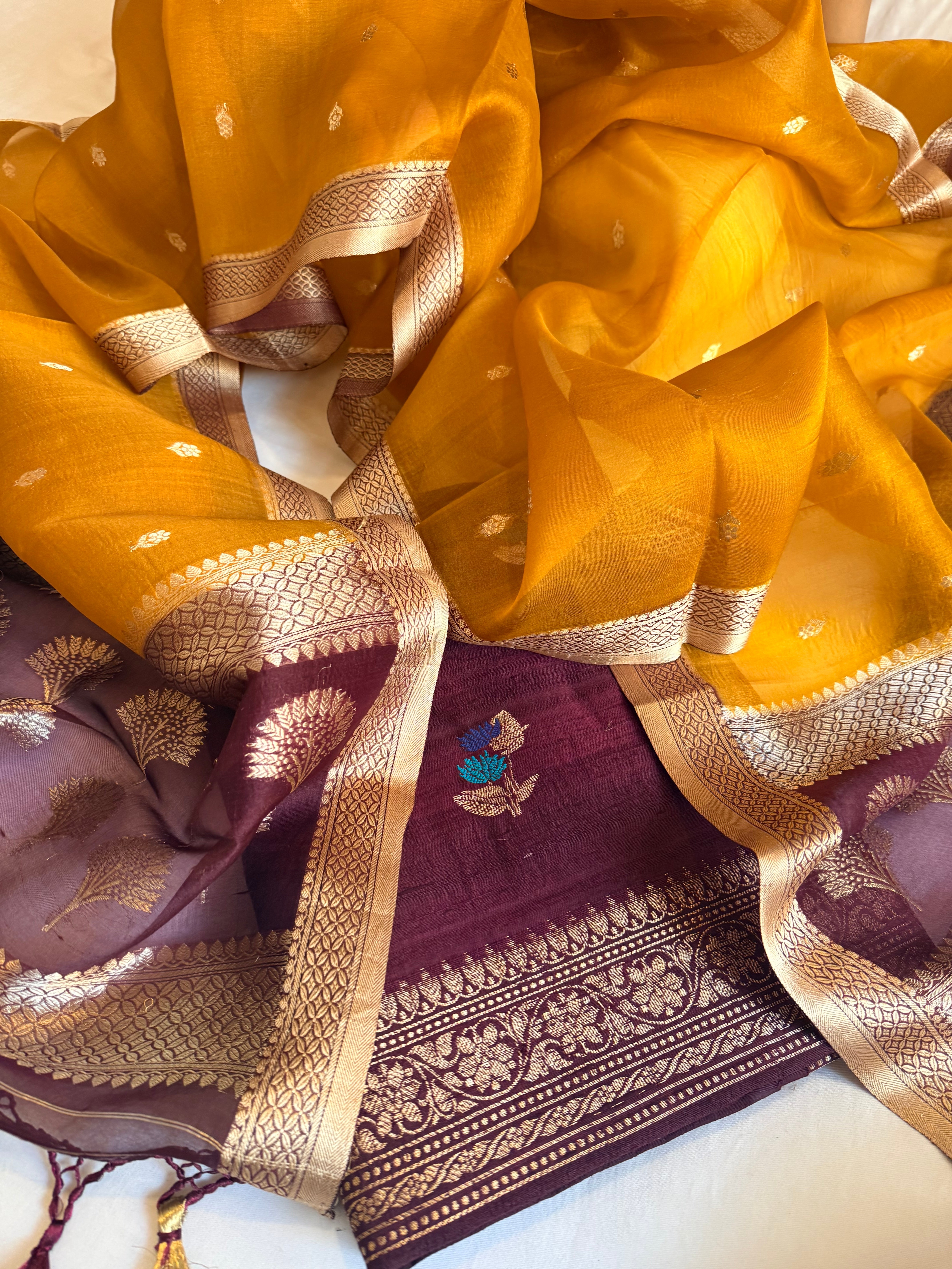 Deep plum-mustard yellow raw silk kadhwa kurta paired with kora silk chap dye duppata