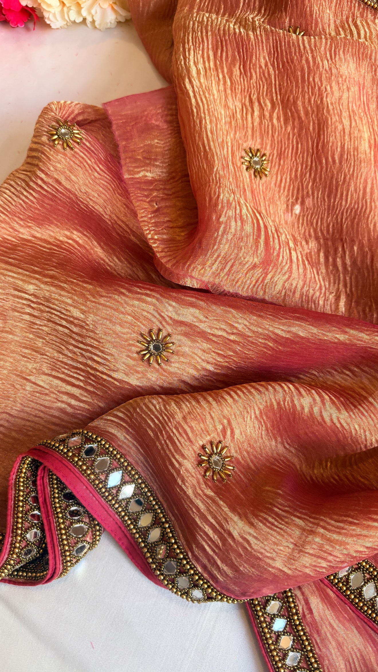 Mirrorwork edit gajri pink crushed tissue silk hand embroidered saree