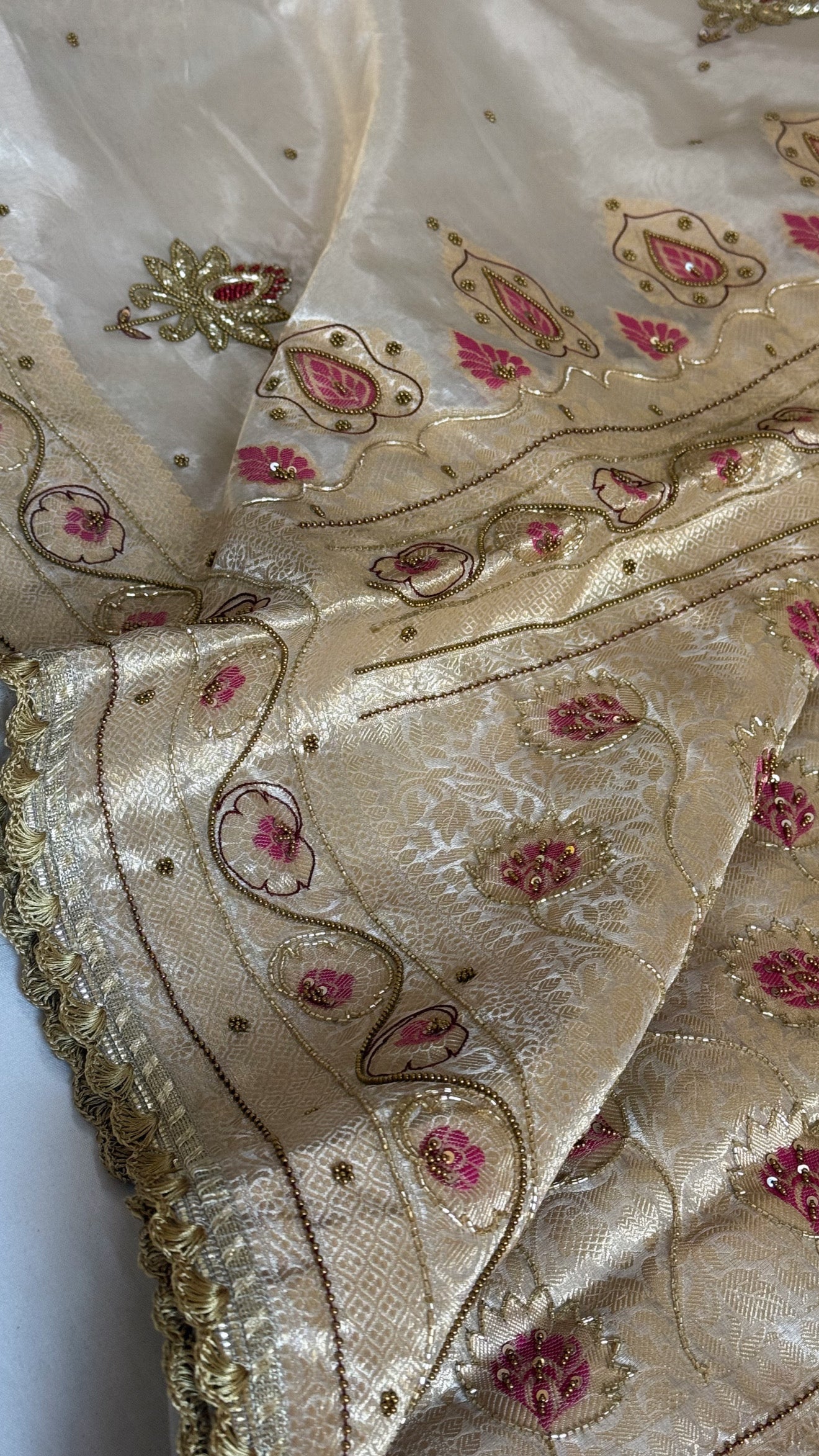 Moonlight silver diamond tissue pink meenakari kadhwa hand embroidered saree