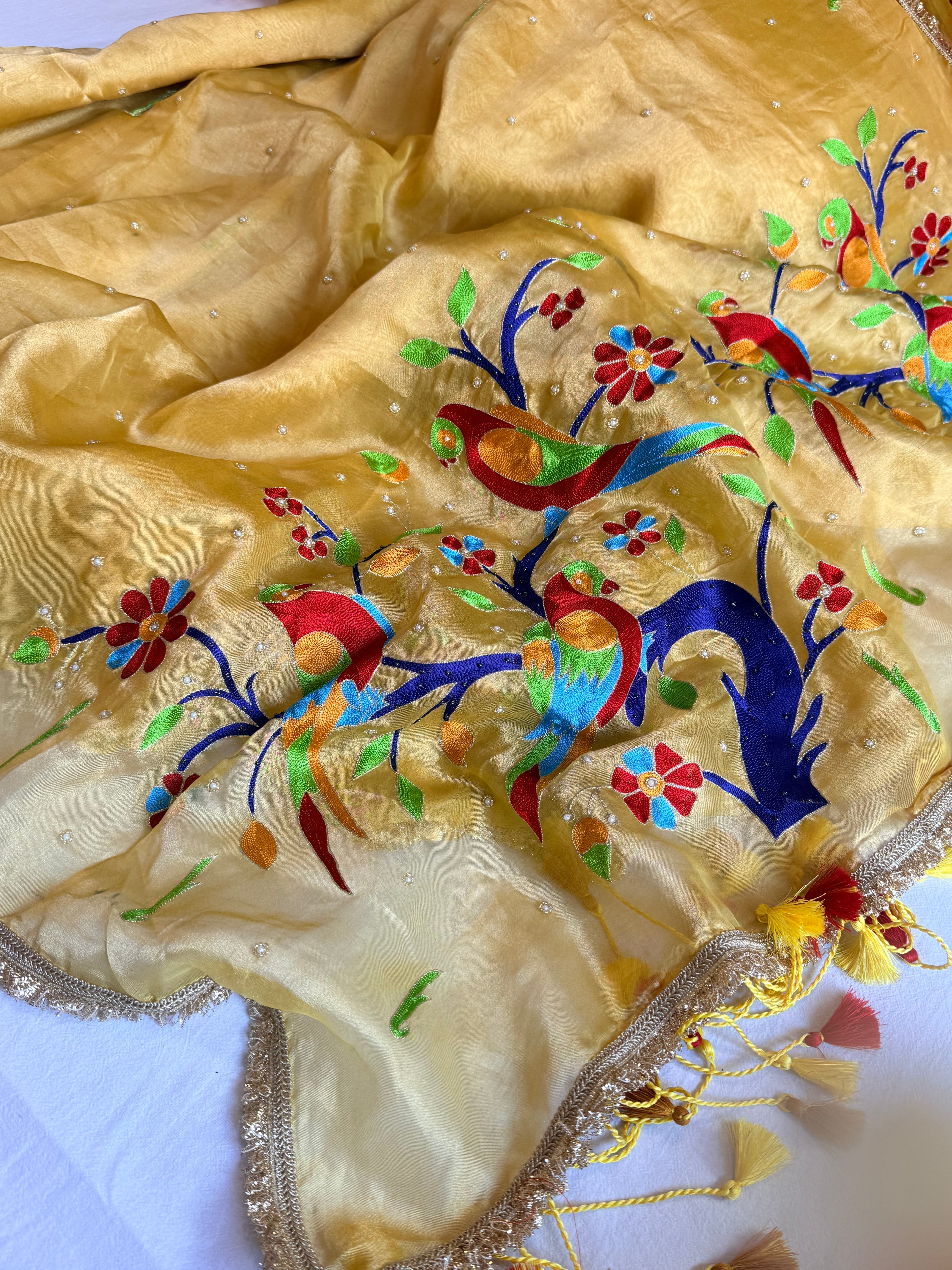 Butter yellow tissue silk paithani weaving hand embroidered kadhwa saree