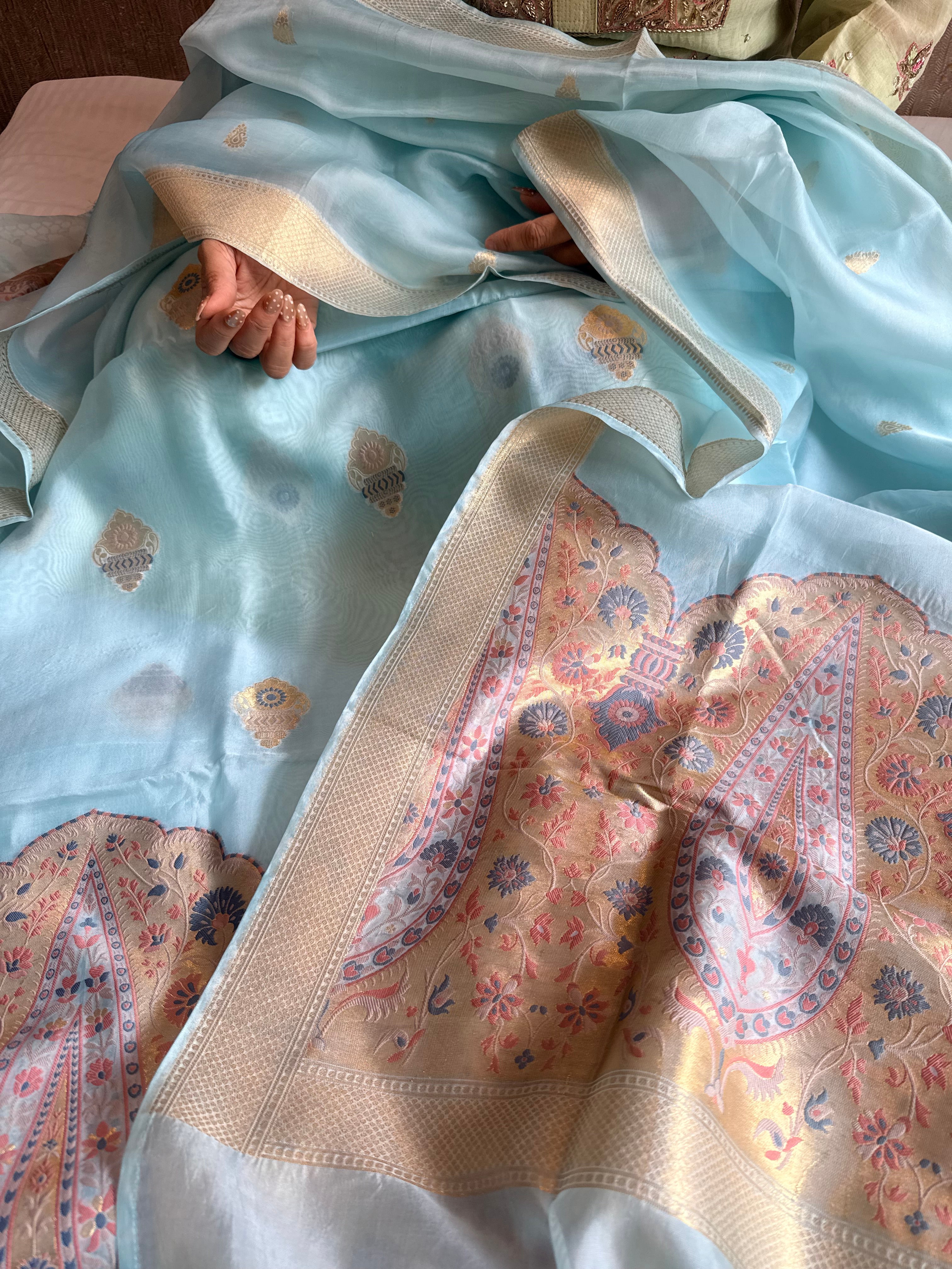 Butter silk banarasi ice blue meenakari kadhwa weaving suit set