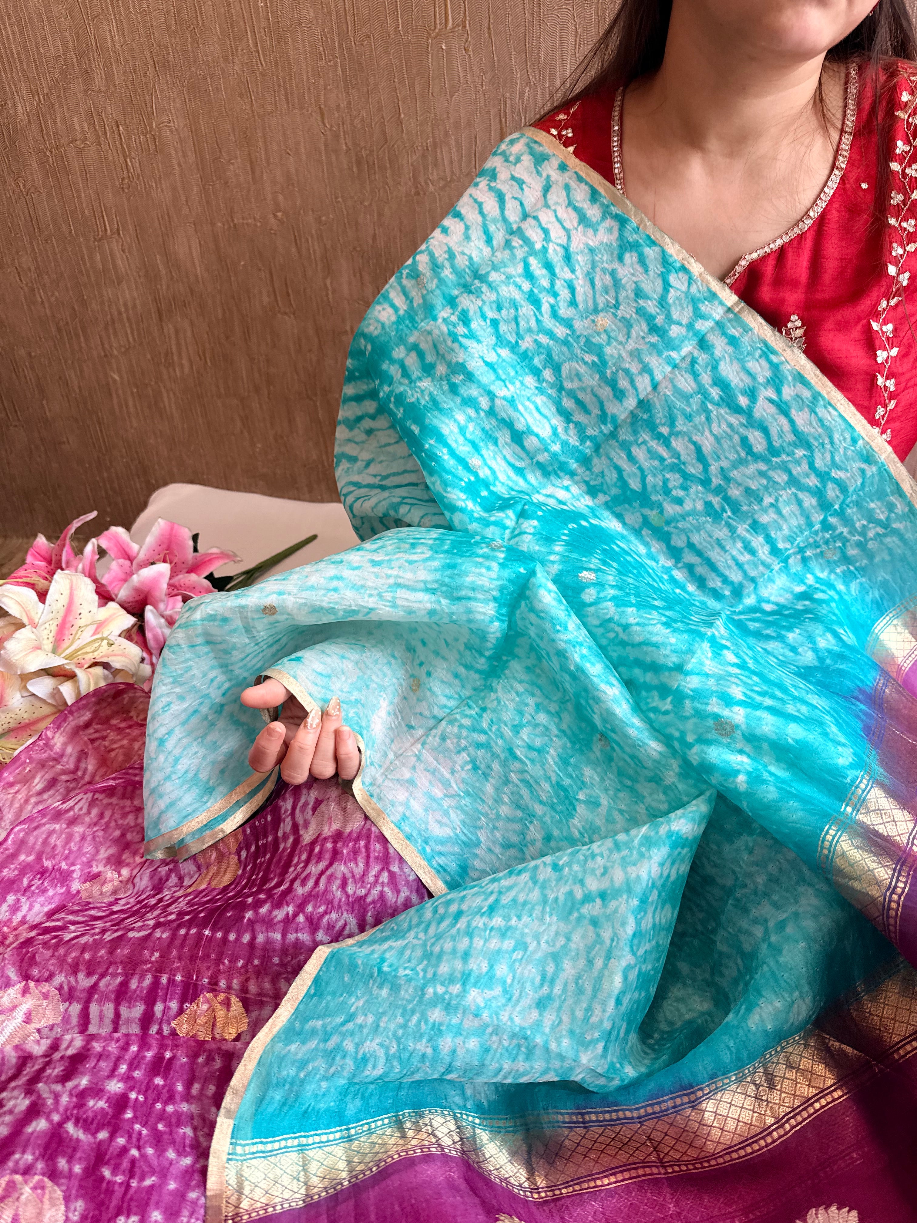 Banarasi kora silk shibori dyed kadhwa buti meenakari suit set