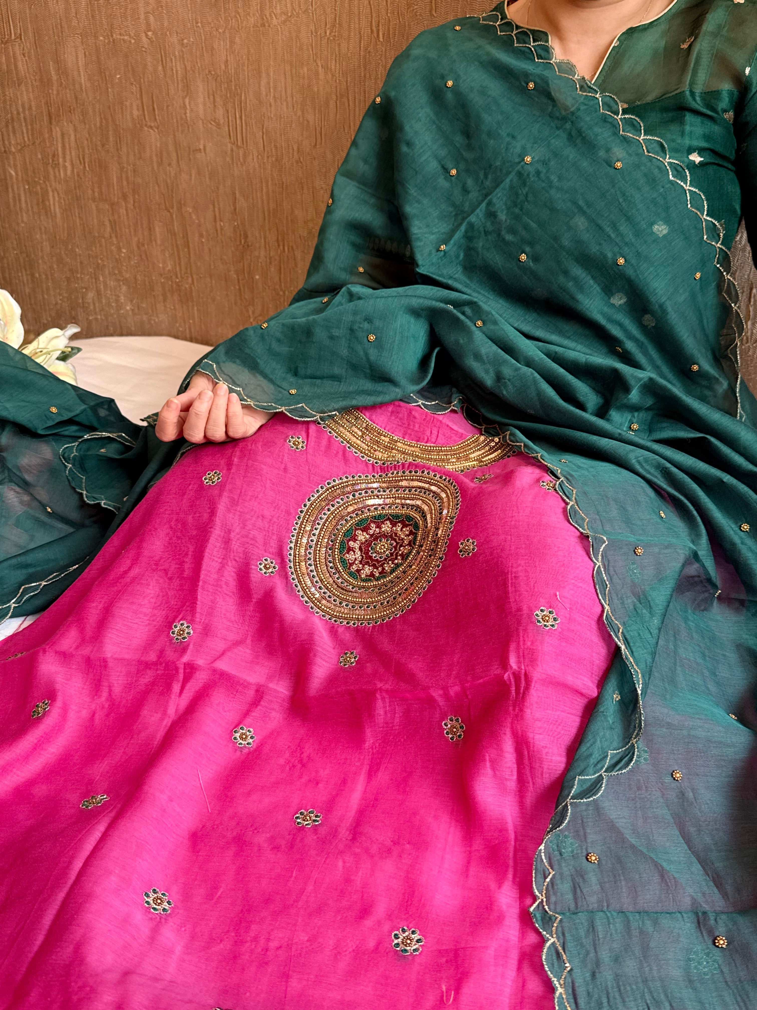 Mul cotton mandala inspired hand embroidered kadhwa suit set