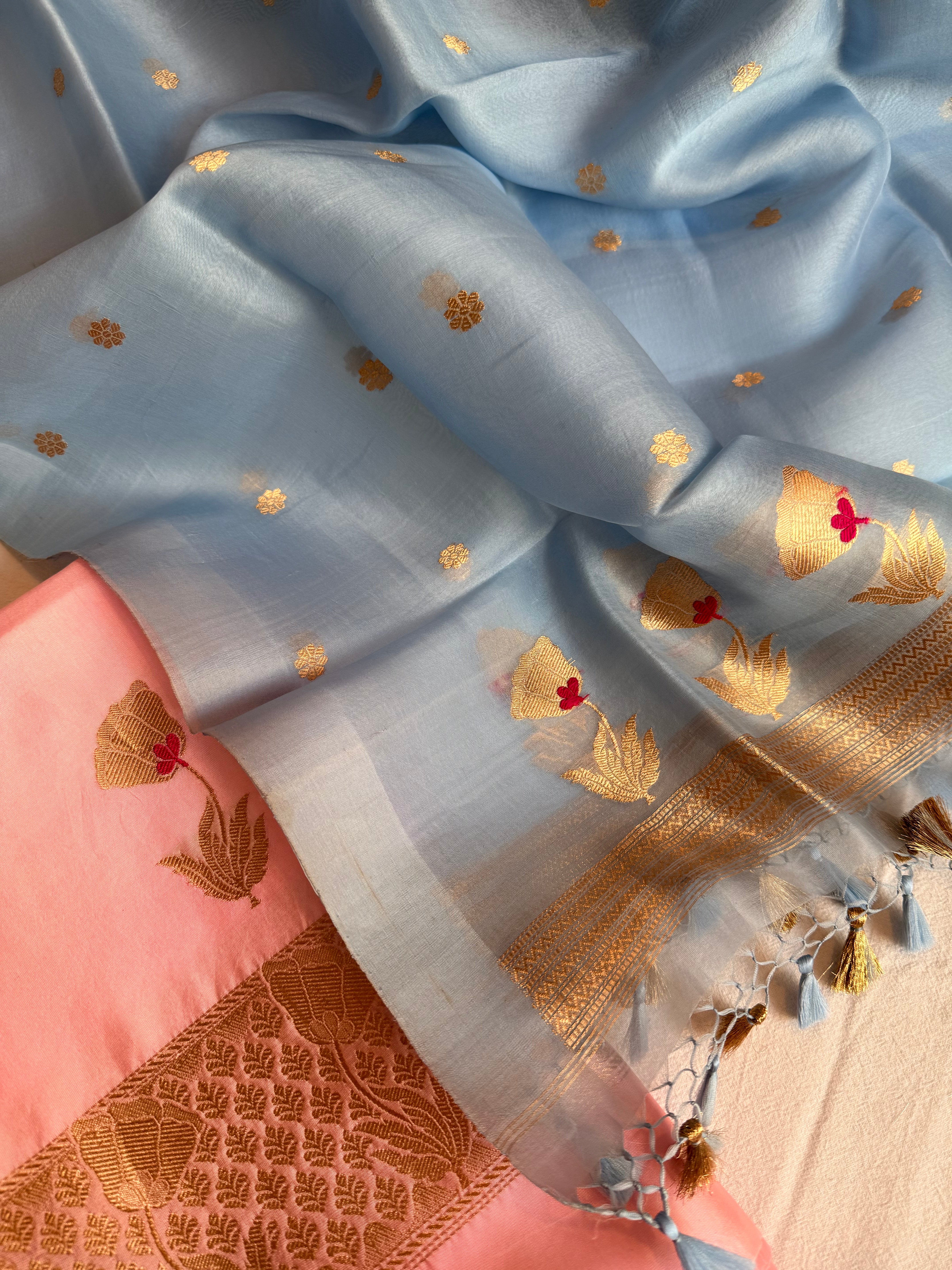 Rose buta spun chiniya silk kadhwa buti suit set
