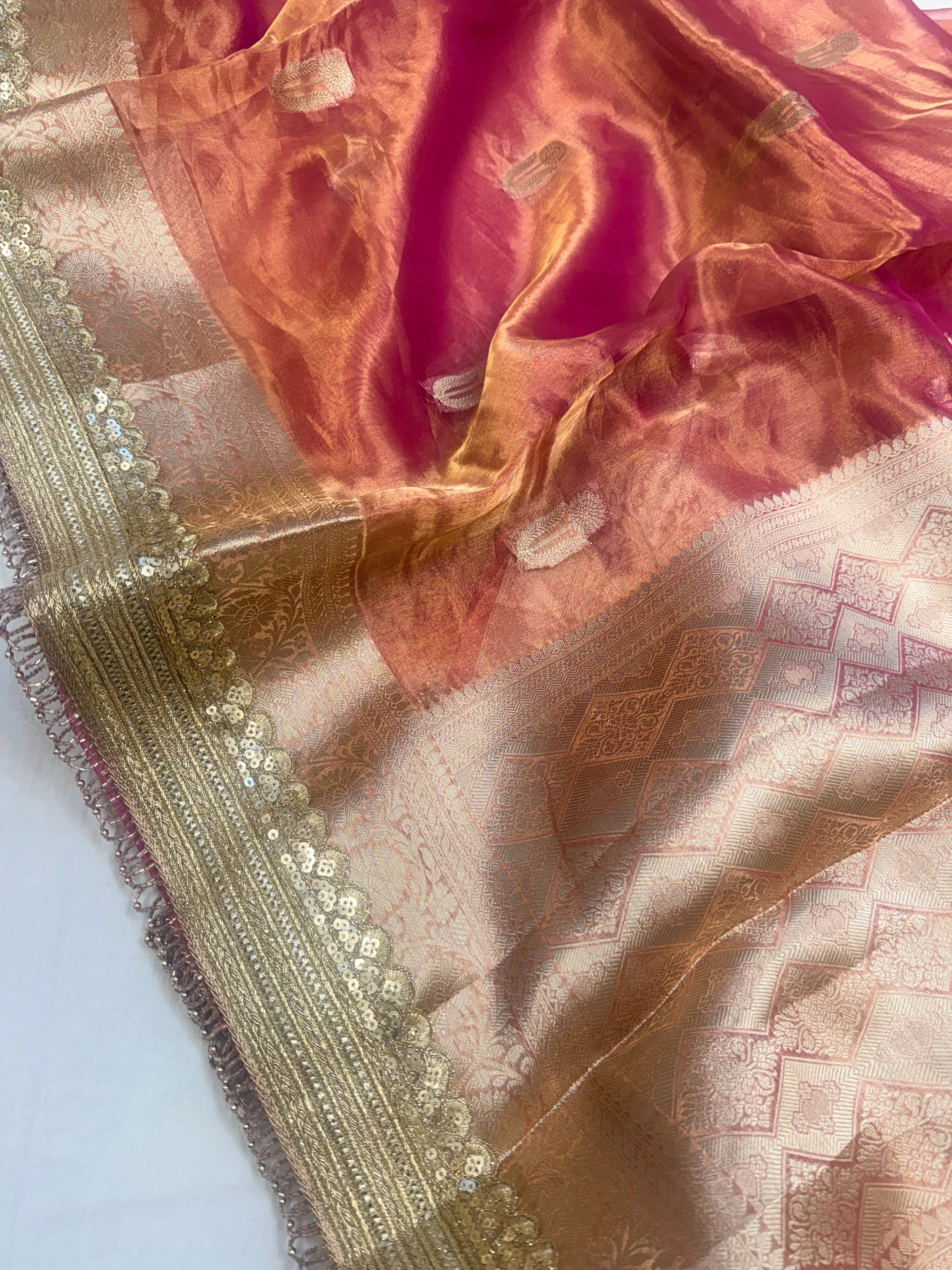 Hot pink tissue silk kadhwa buti gotapatti saree