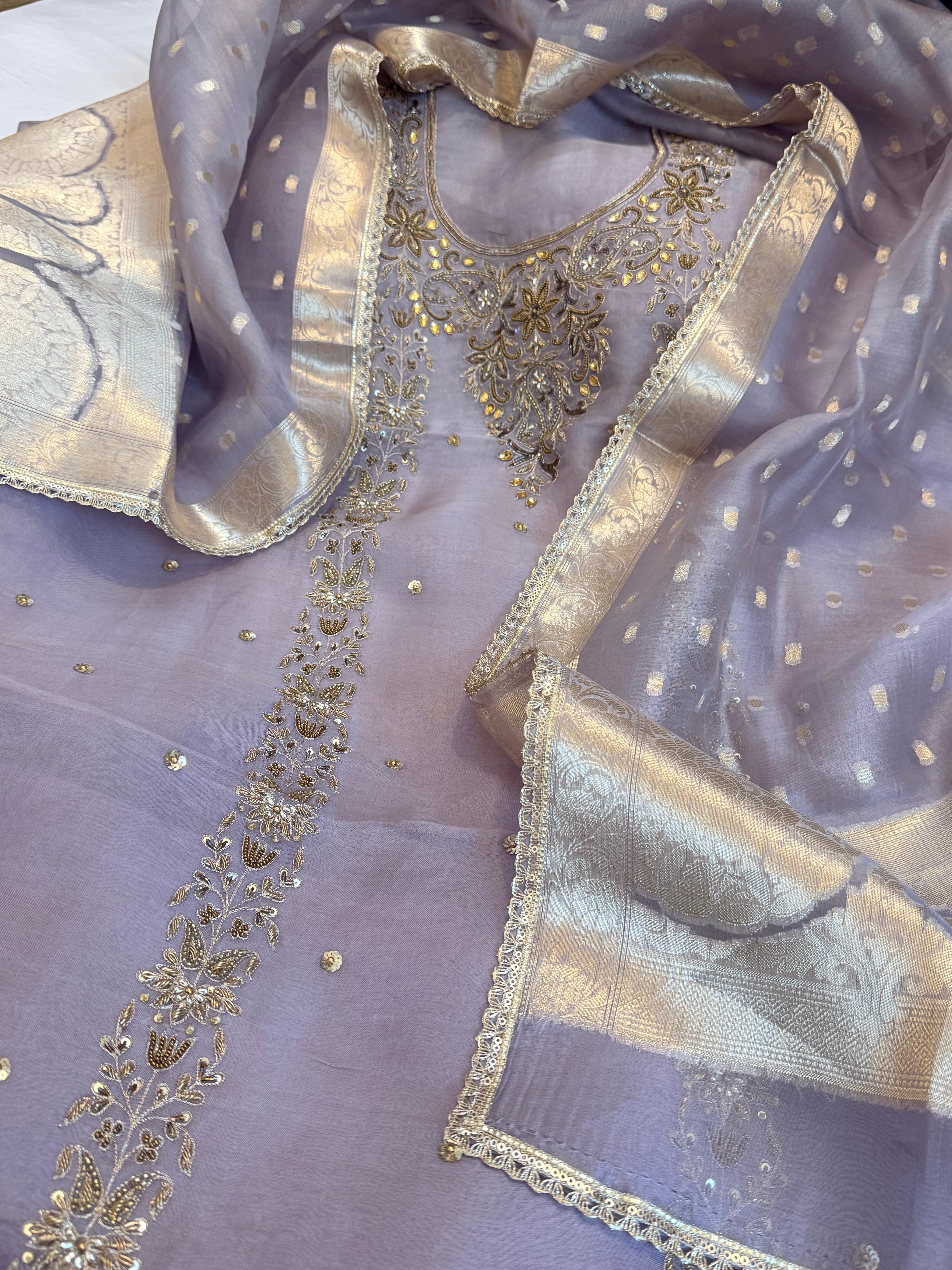 Lilac grey kora silk gotapatti hand embroidered suit set