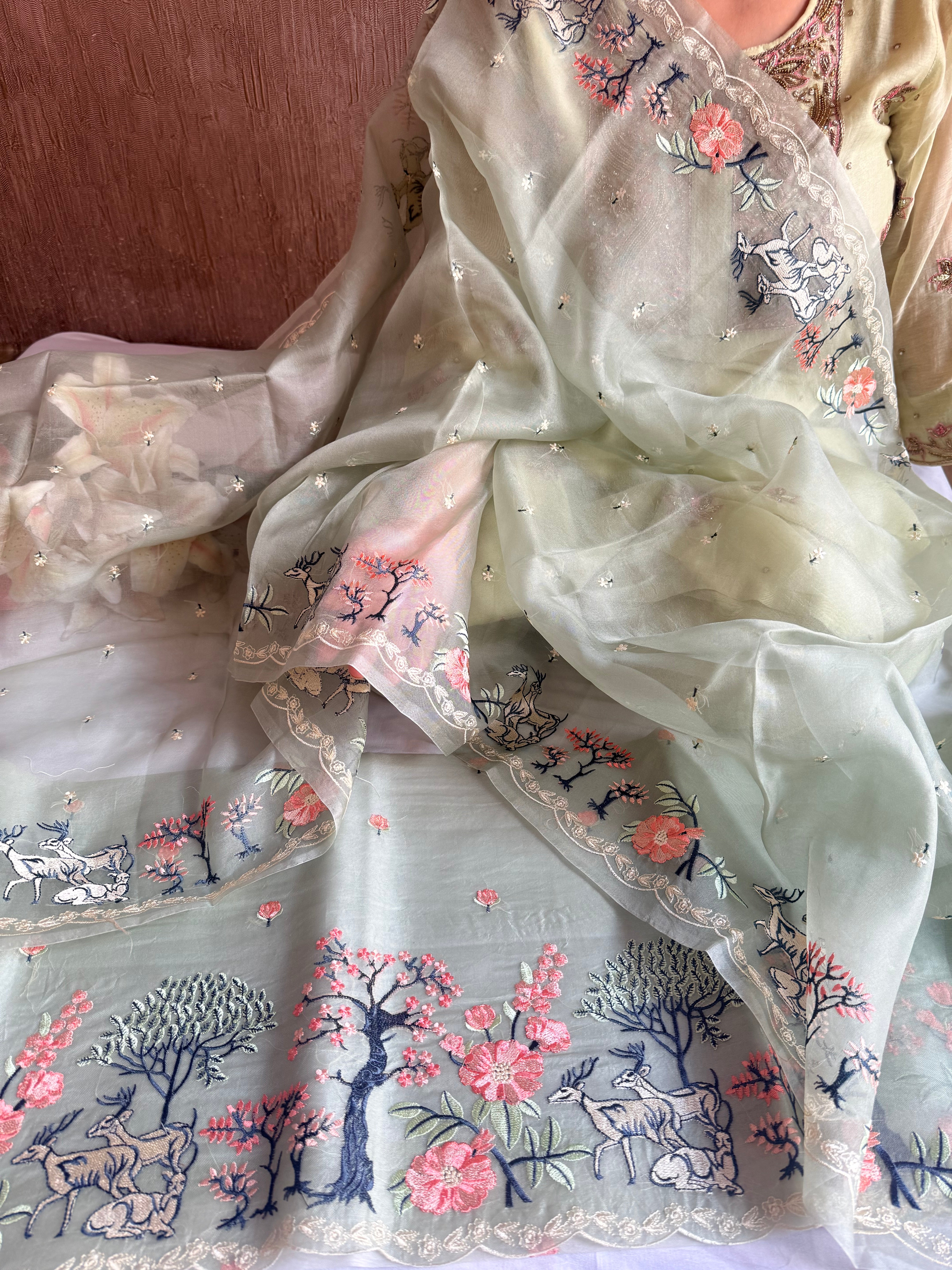 Parsigara kora silk bagh motif hand embroidered suit sets