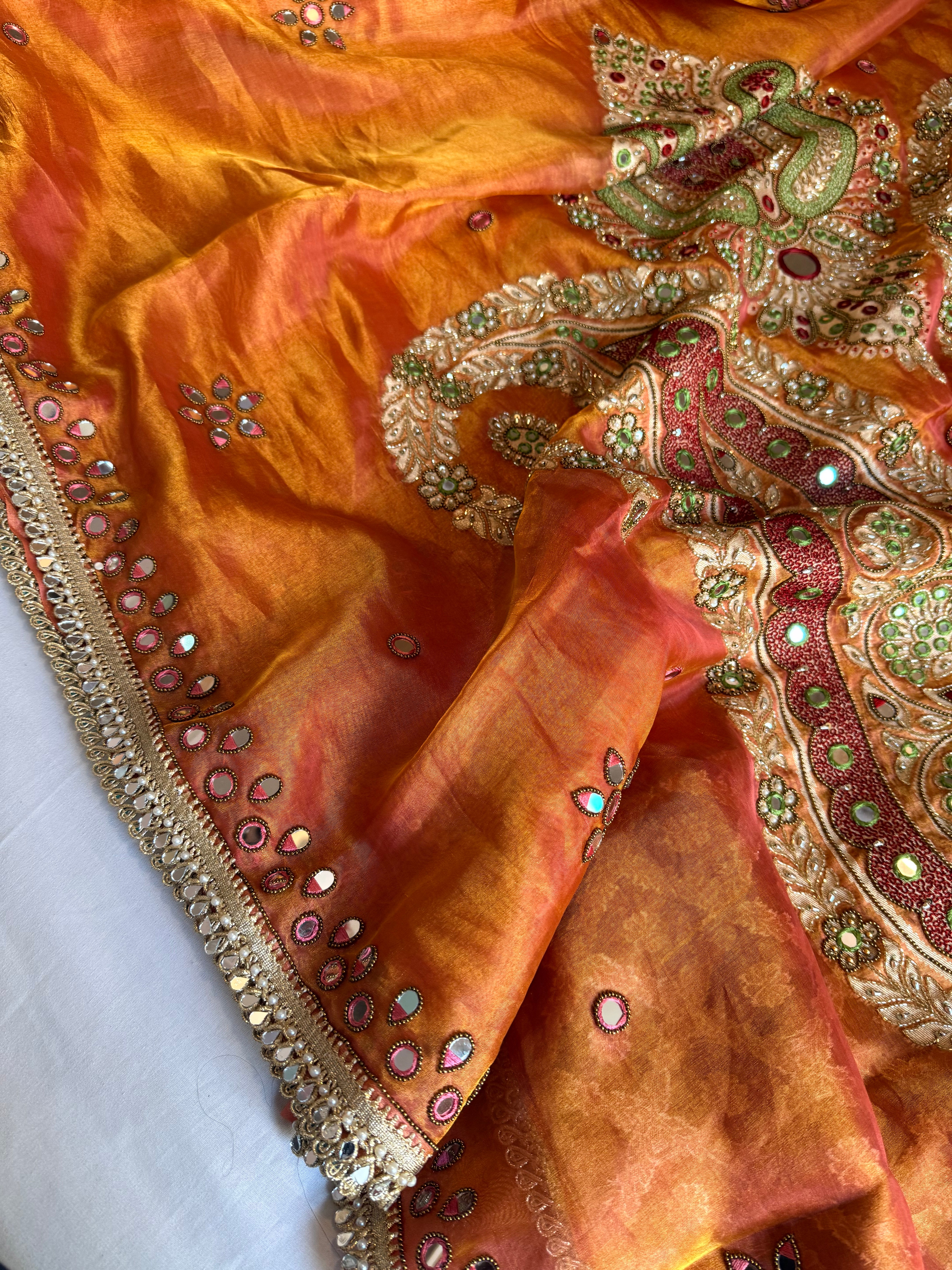 Dhup chao effect tissue silk mirrorwork hand embroidered Paithani pallu kadhwa saree