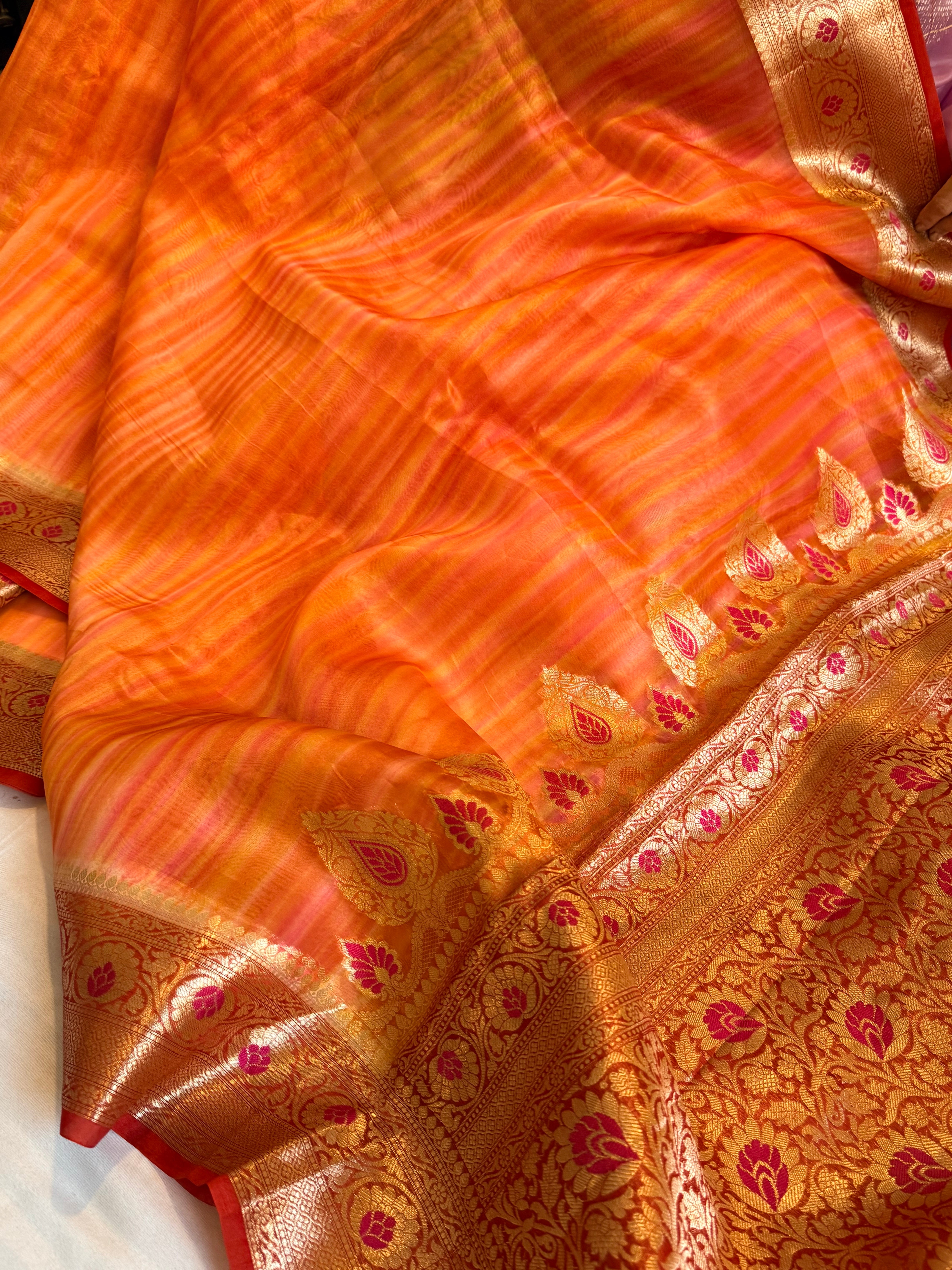 Peachy orange rainbow kora silk meenakari kadhwa saree