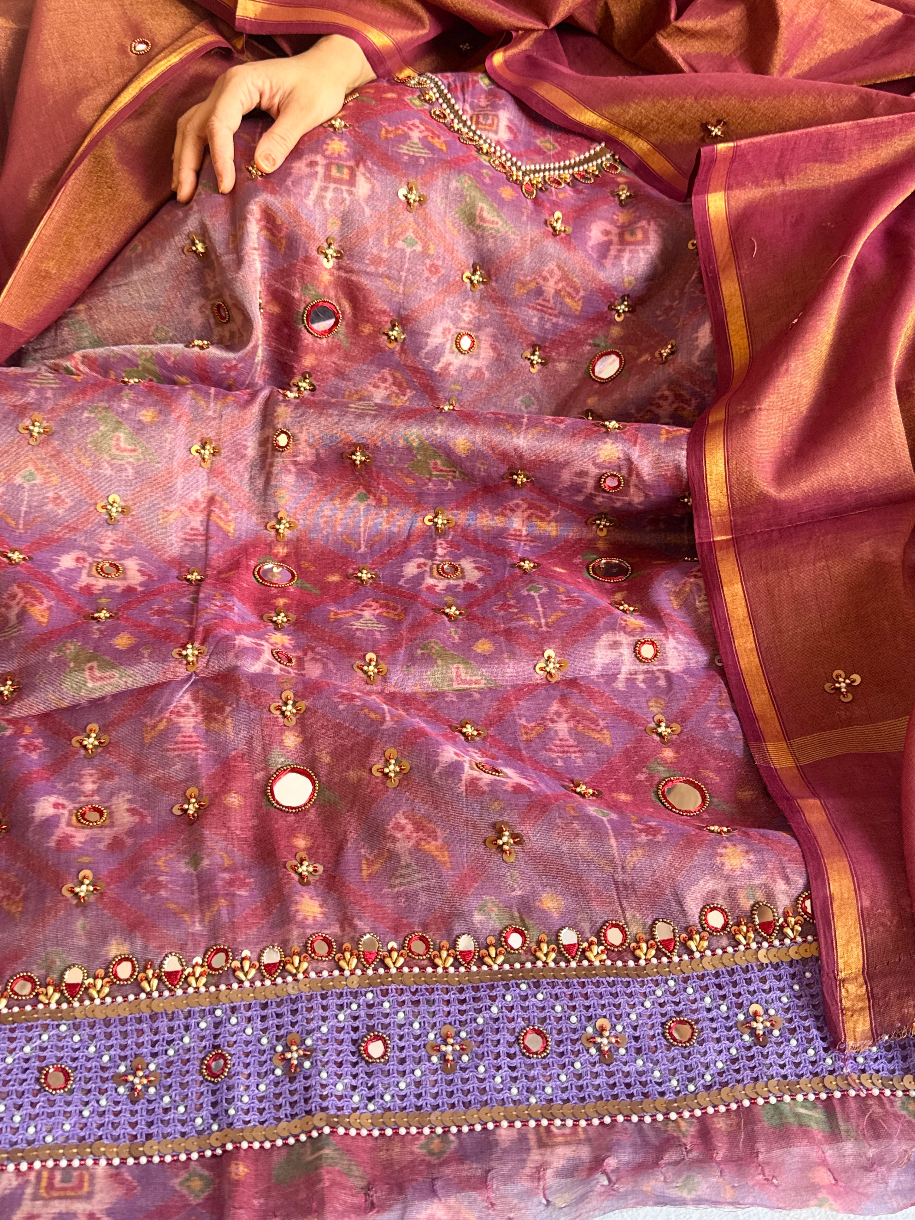 Patola weaving hand embroidered mul cotton tissue suit sets