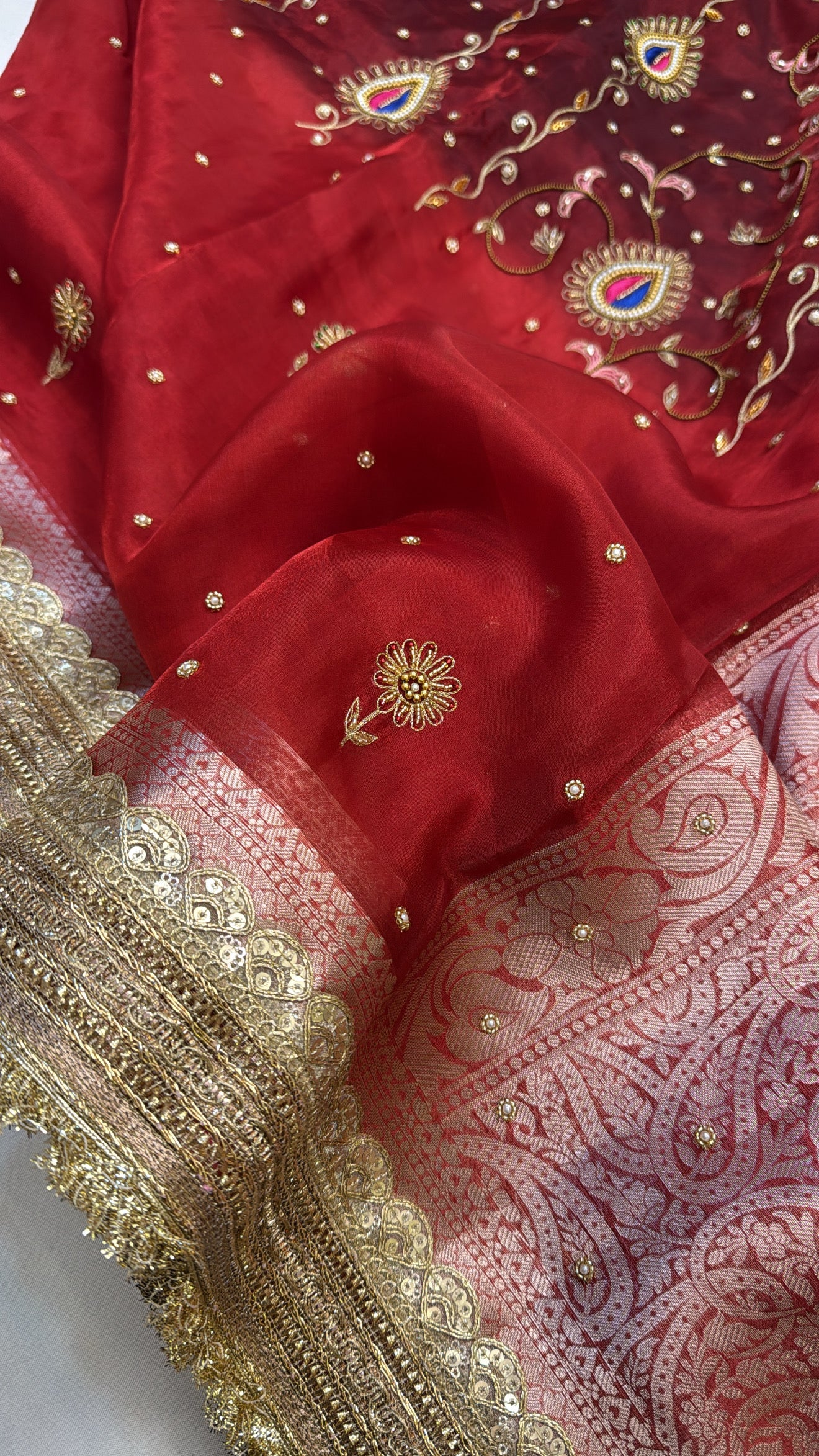 Blood red ombre shaded zardozi work tissue silk hand embroidered saree