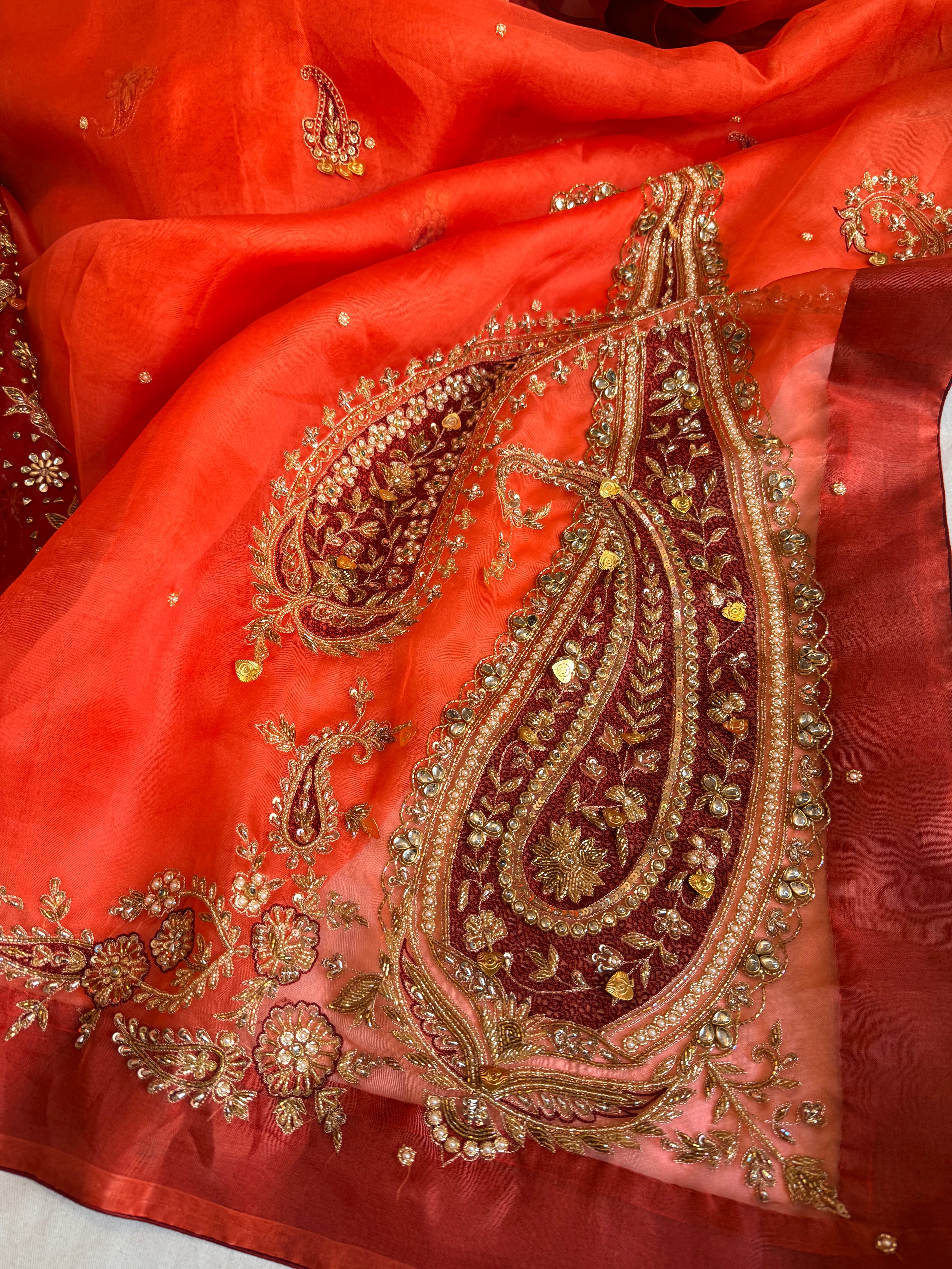 Traditional carry motif - Gajri and red combination kora silk hand embroidered saree