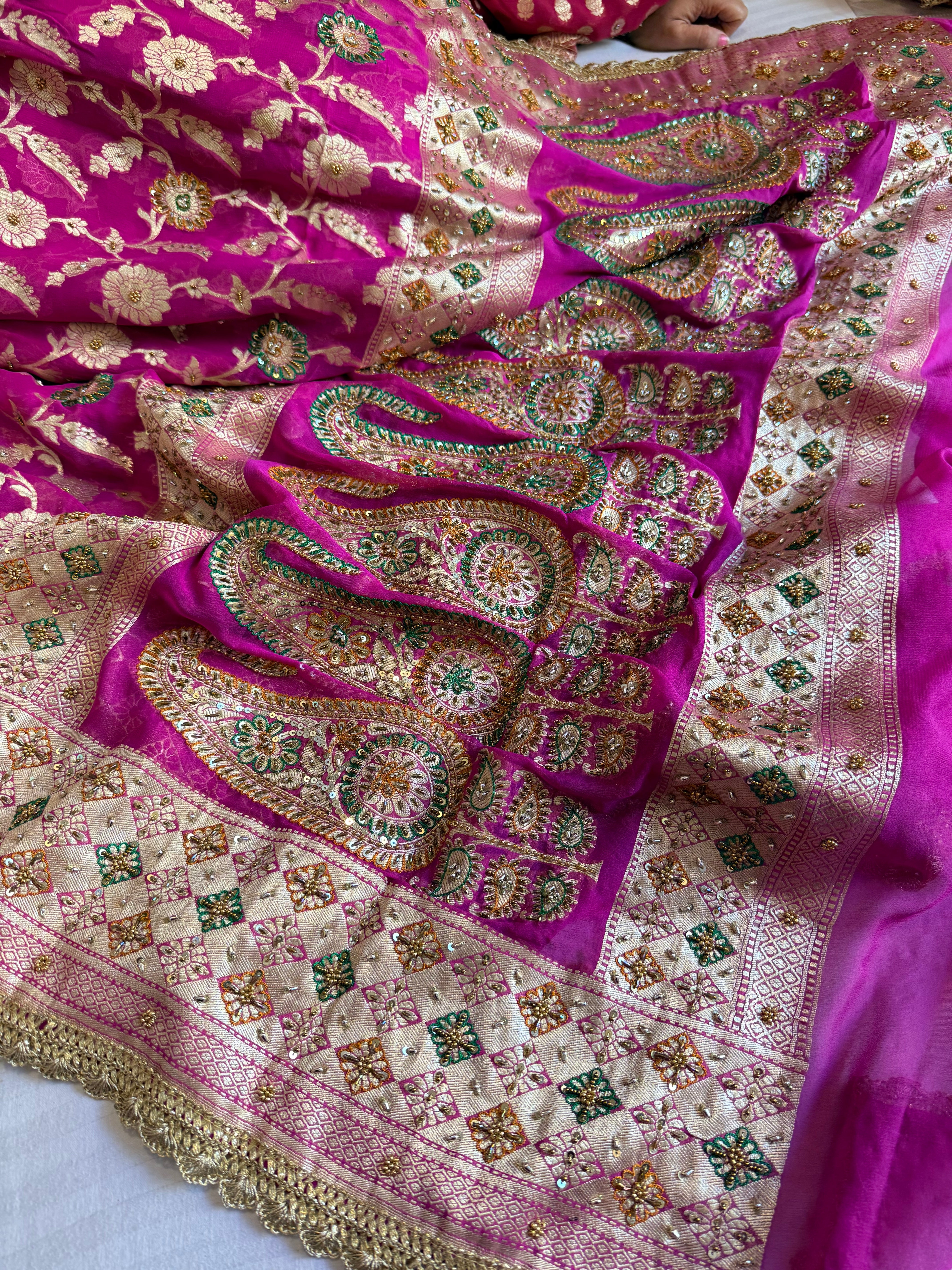 Banarasi chiffon gorgette rani pink hand embroidered kadhwa saree