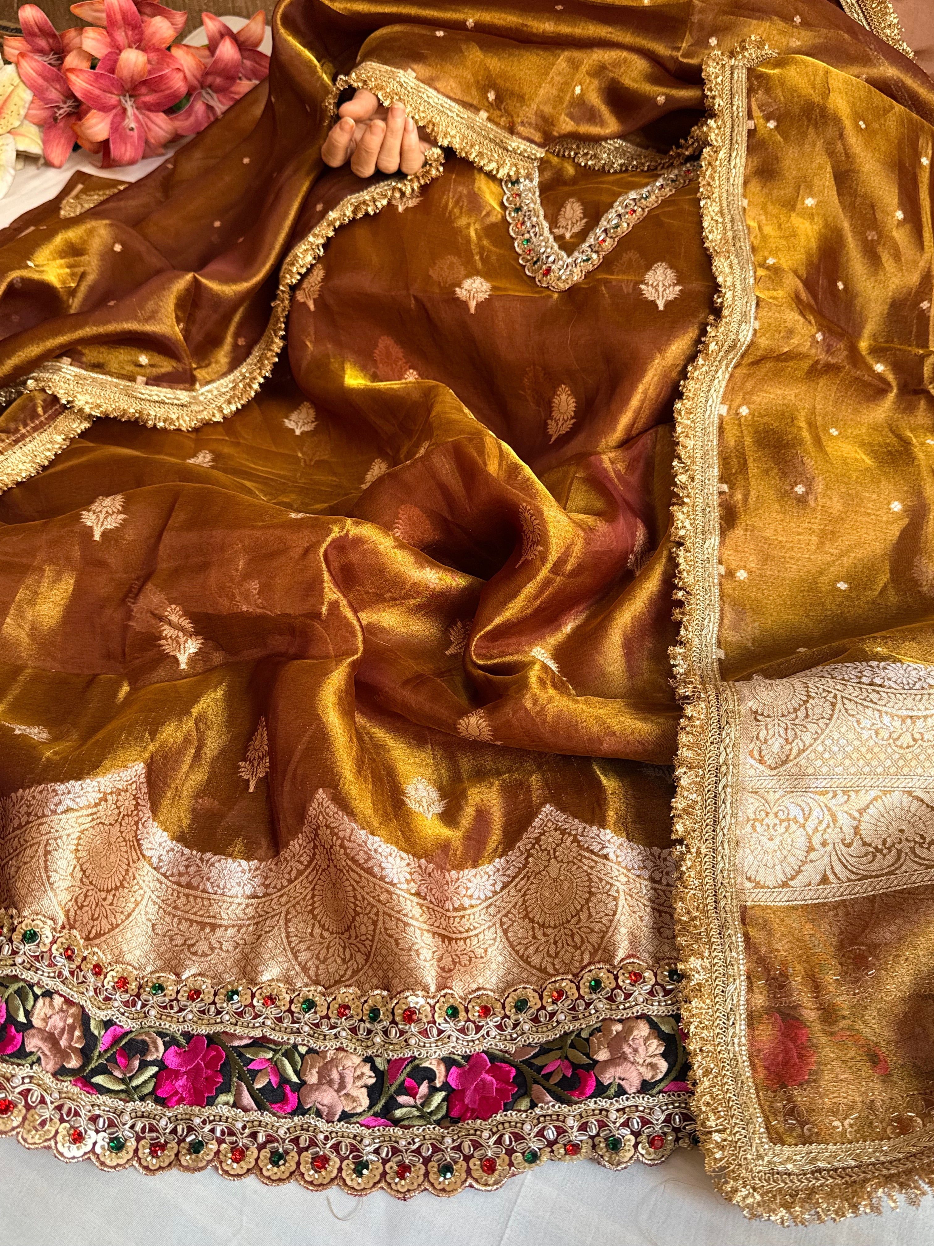 Navratna molten gold tissue silk kadhwa buti hand embroidered suit sets