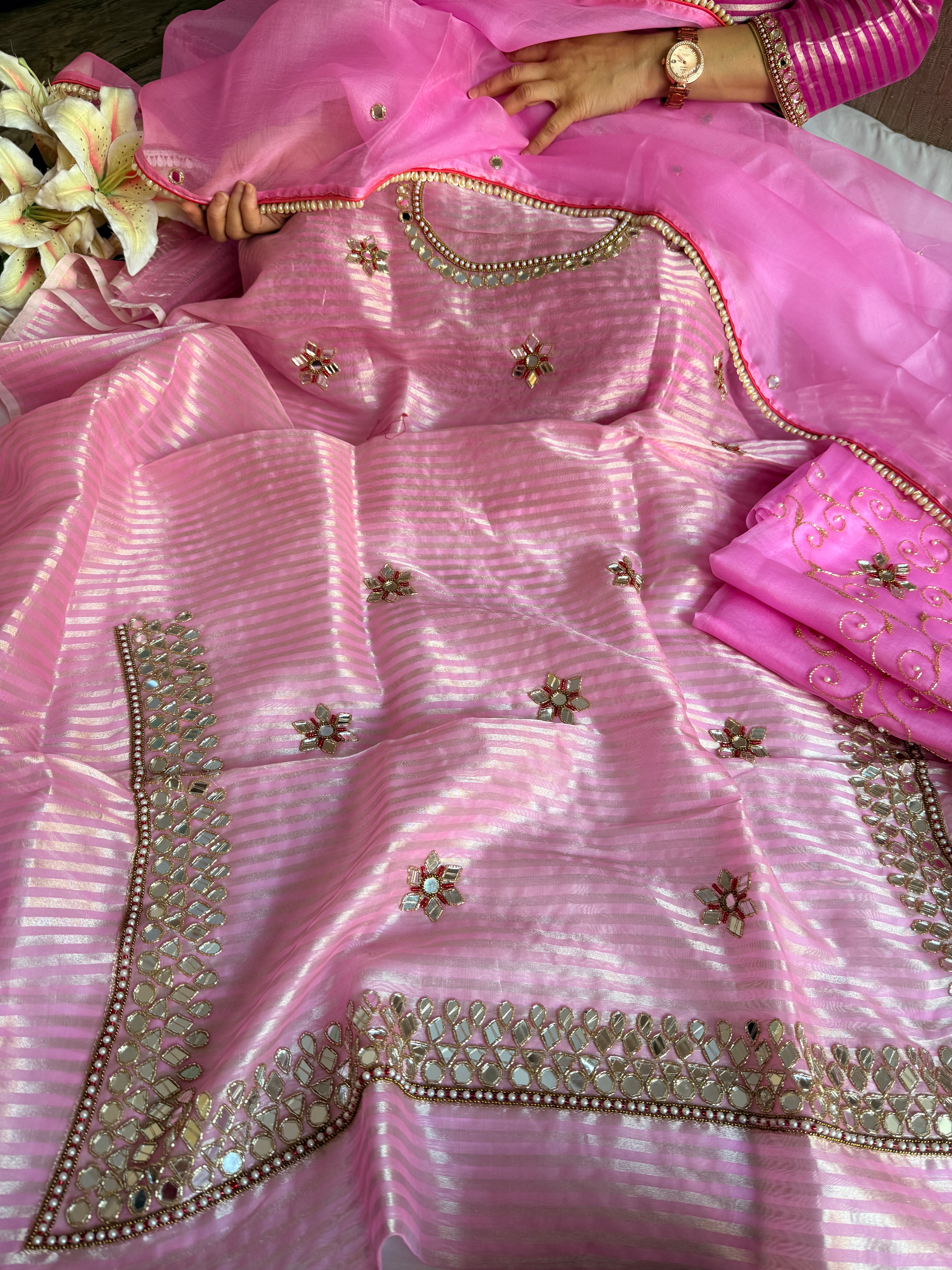 Kora silk silver zari striped mirror work edit hand embroidered kadhwa suit set