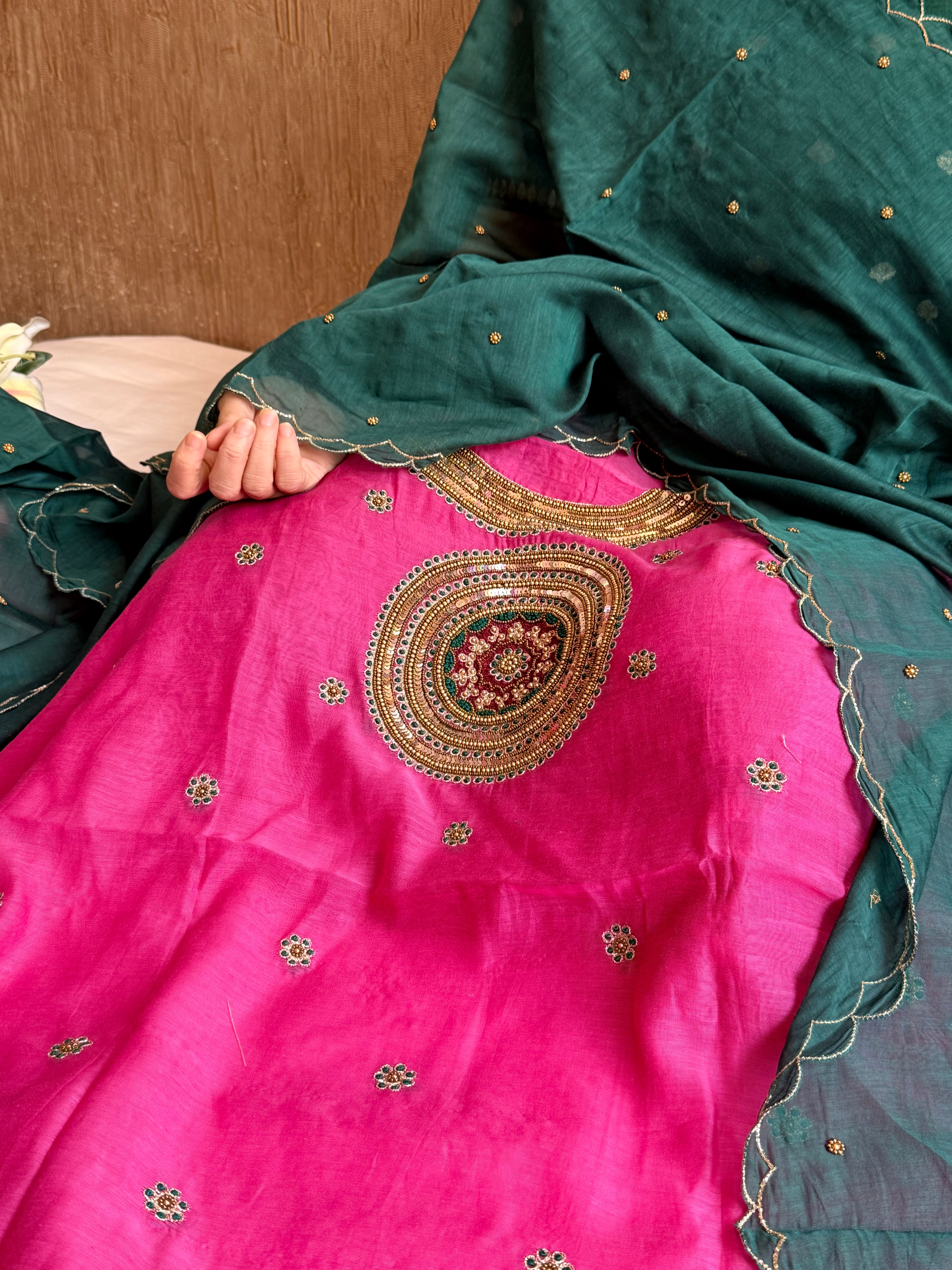 Mul cotton mandala inspired hand embroidered kadhwa suit set