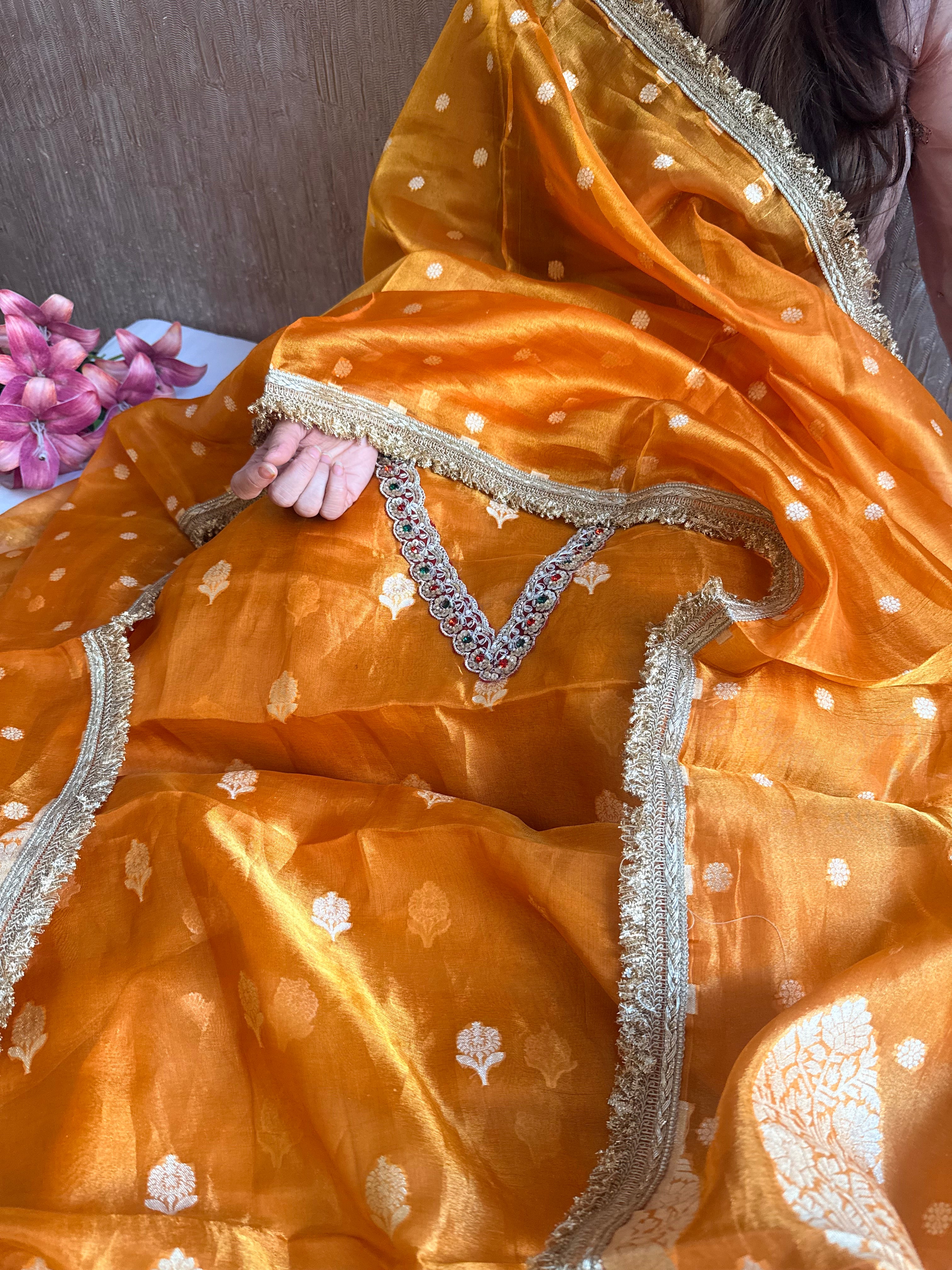 Navratna orange- yellow tissue silk kadhwa buti hand embroidered suit sets