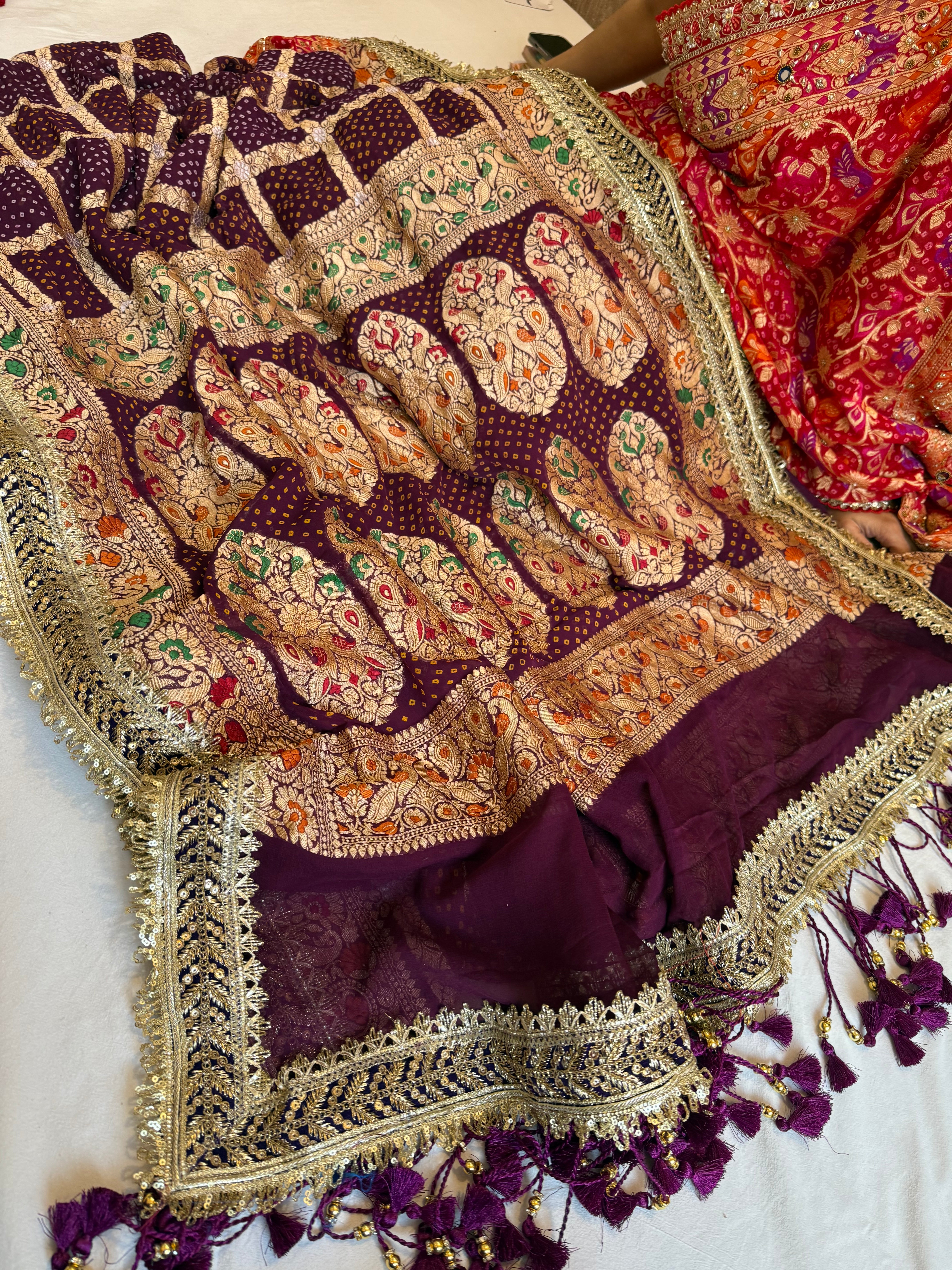 Banarasi rai bandhej gorgette gharchola gotapatti kadhwa saree