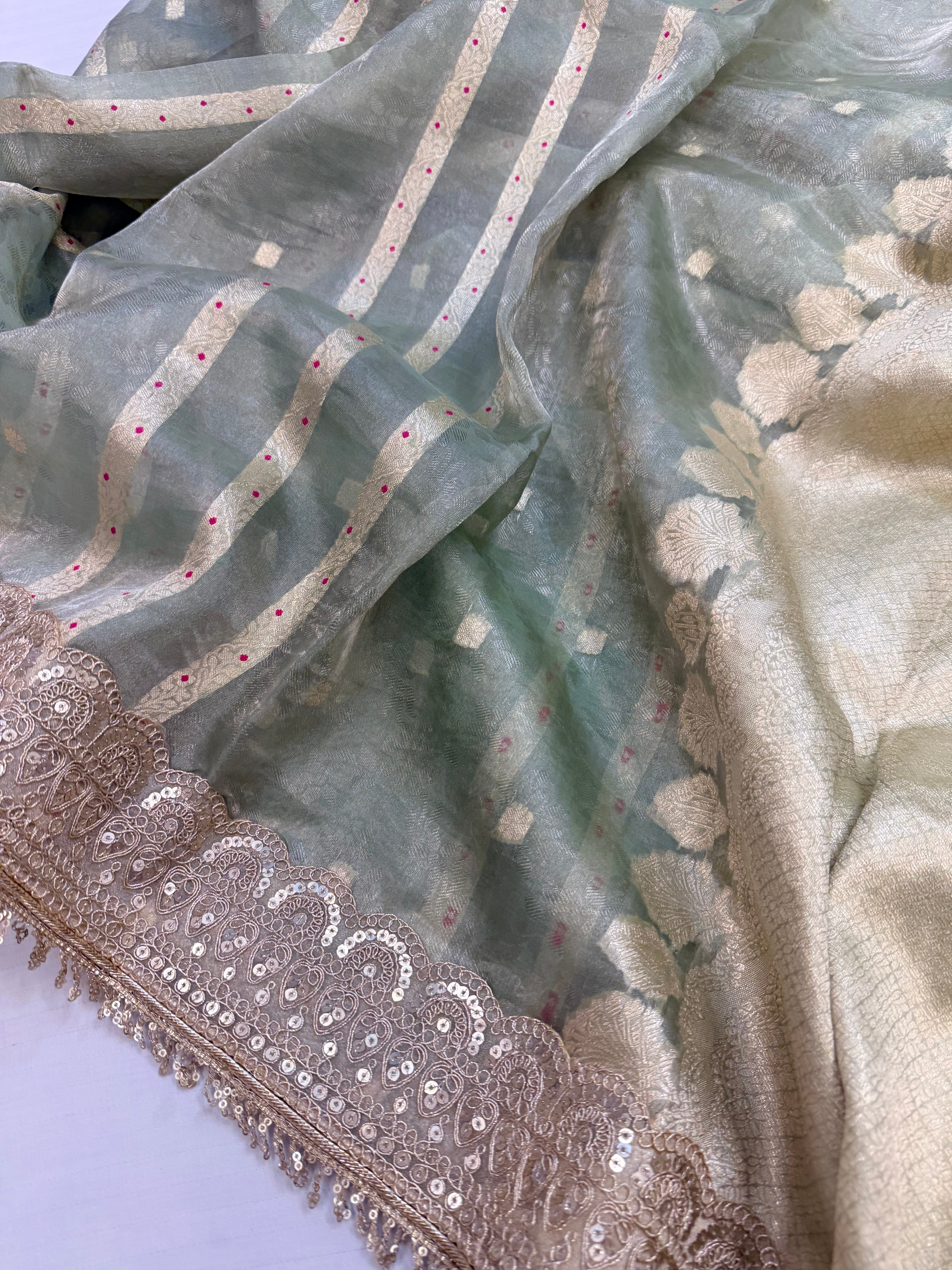 Mint green tissue silk kadhwa gotapatti meenakari saree