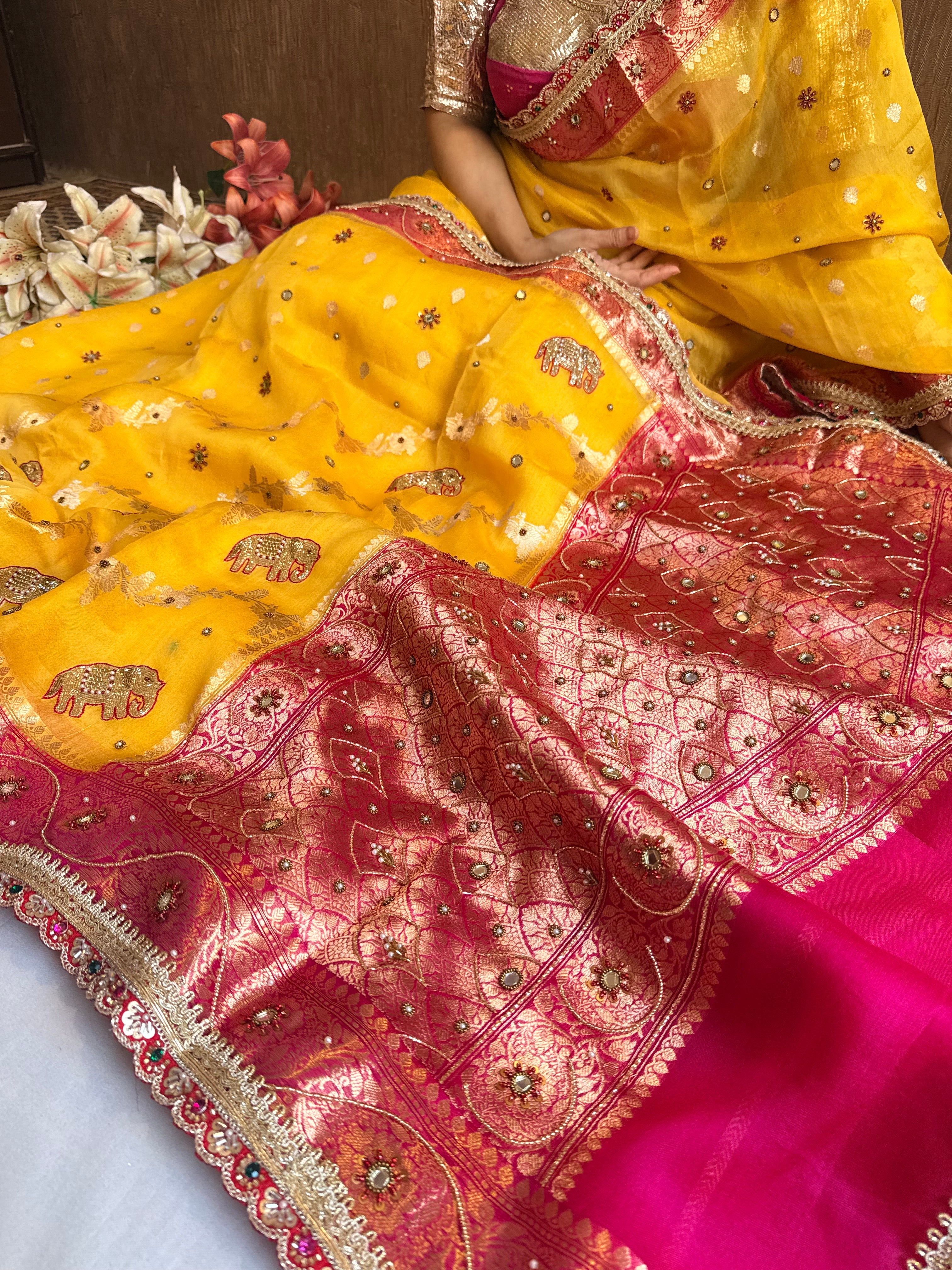 Peeli gulabi phere wali kora silk hand embroidered kadhwa saree