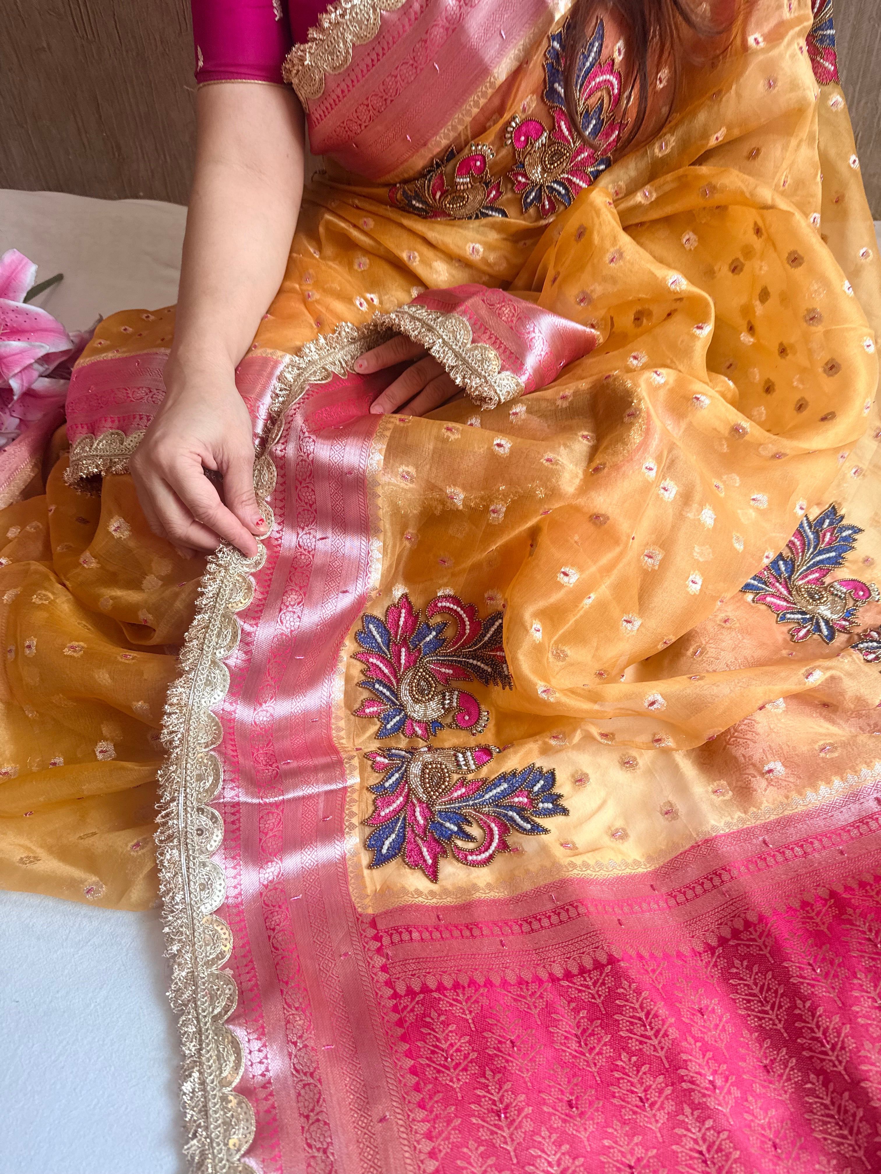 Ombre shaded kora silk kadhwa buti peacock motif hand embroidered saree