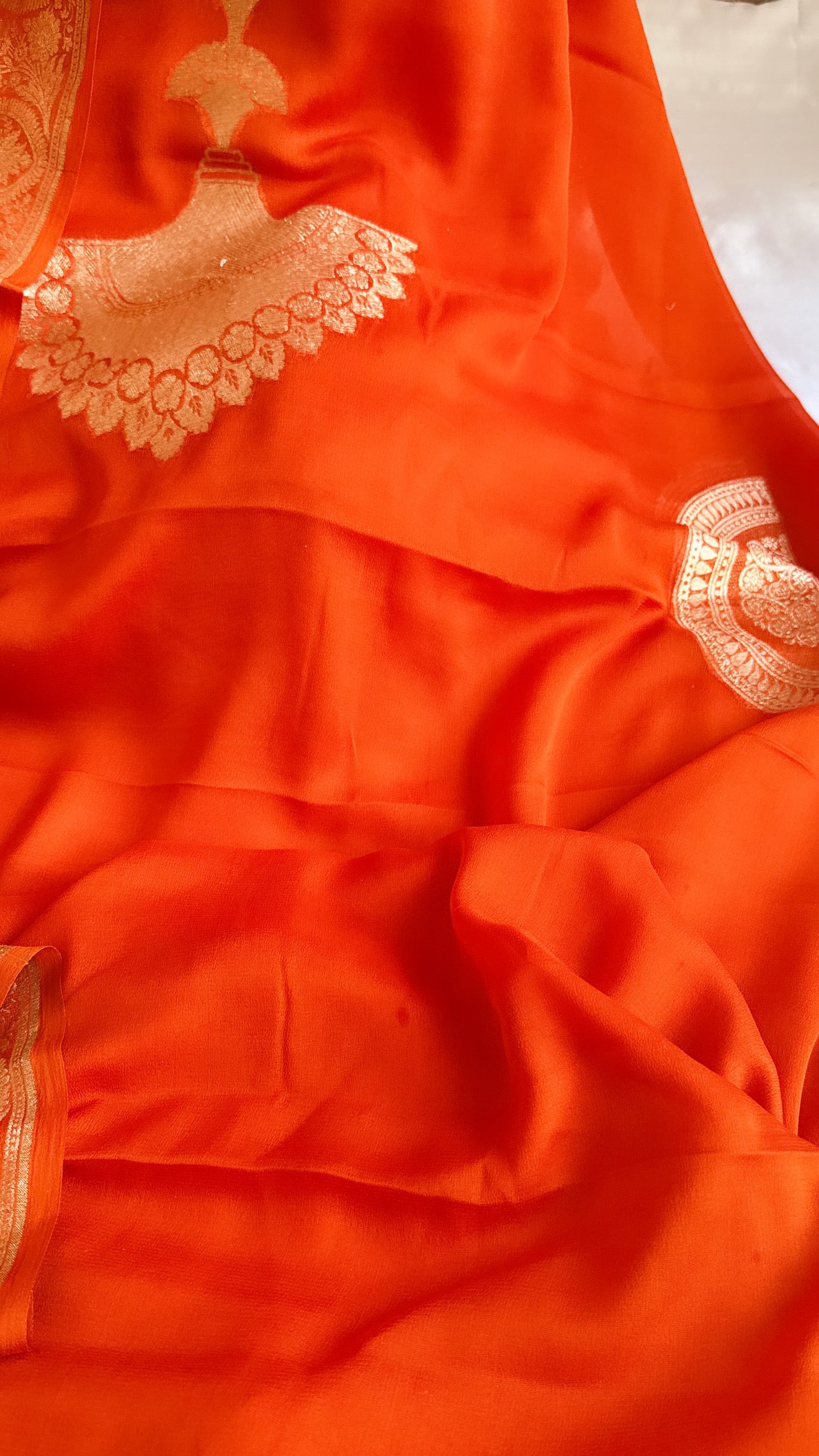 Neck & Pocket weaving - Chiffon gorgette fanta orange kadhwa weaving suit set