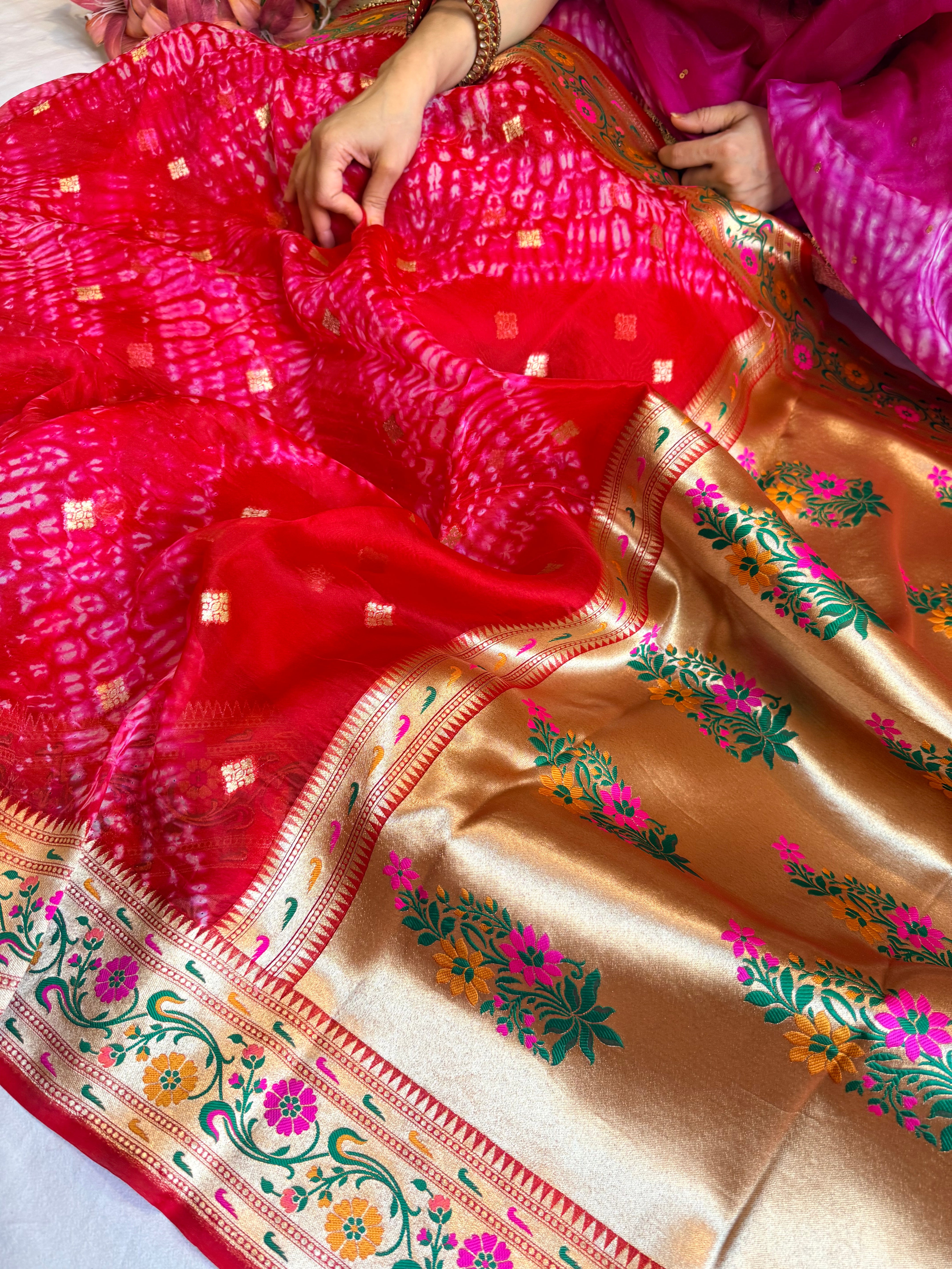 Cranberry Kora silk paithani meenakari arshi dye kadhwa saree