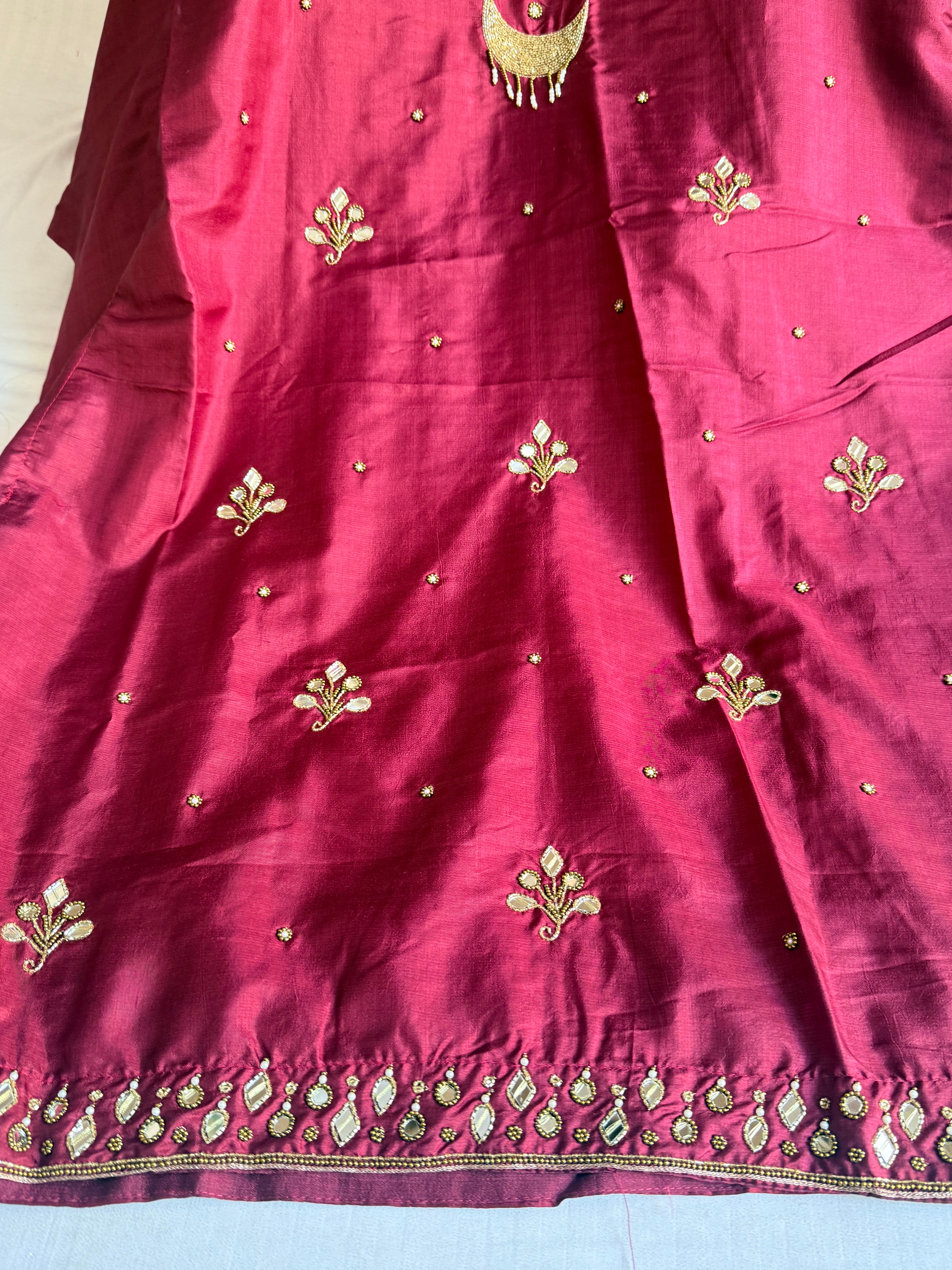 Mashru satin silk banarasi mirrorwork free size kaftan set with bottom
