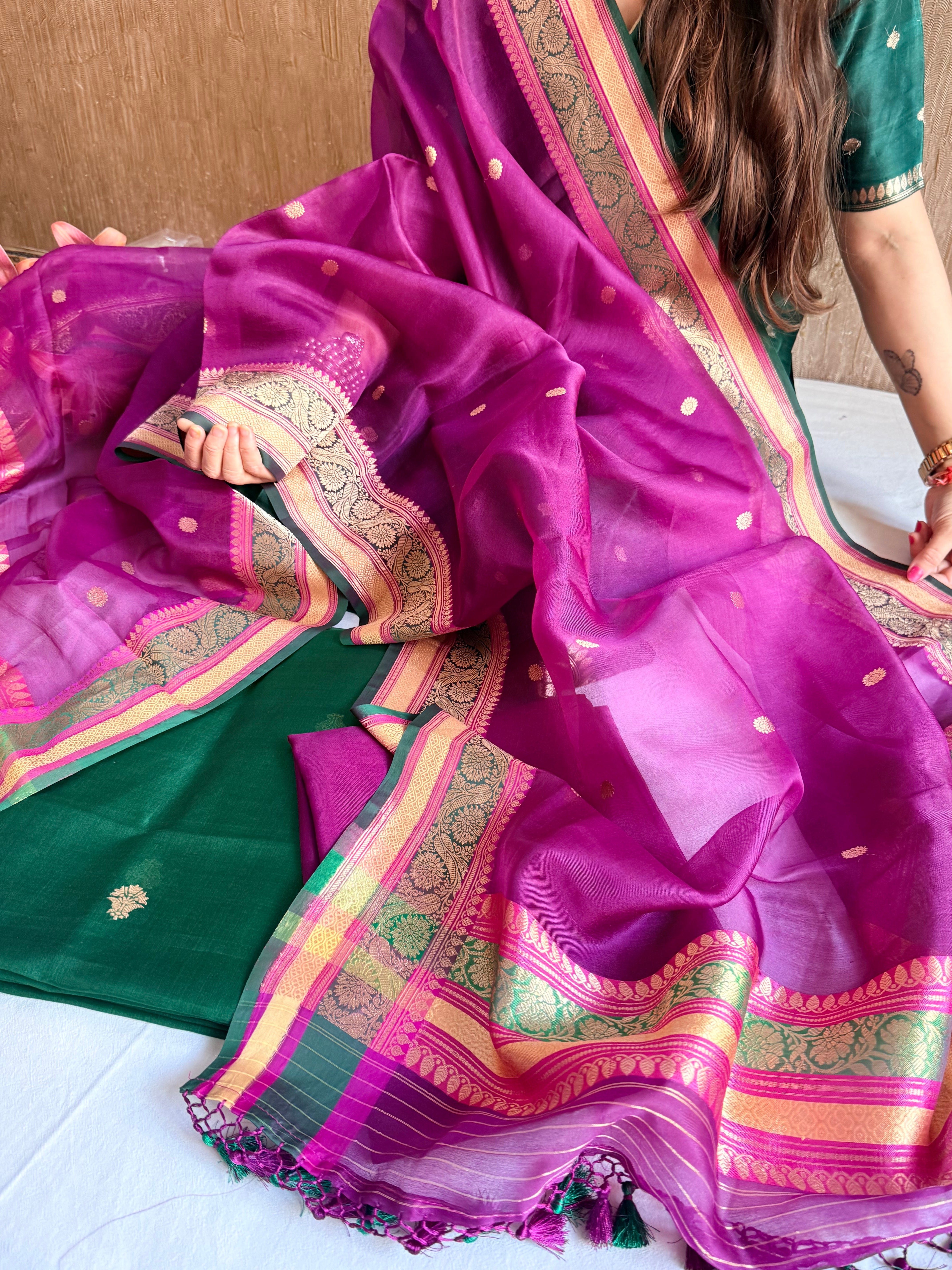 Banarasi purple-bottle green banarasi meenkari kadhwa border chap dye suits
