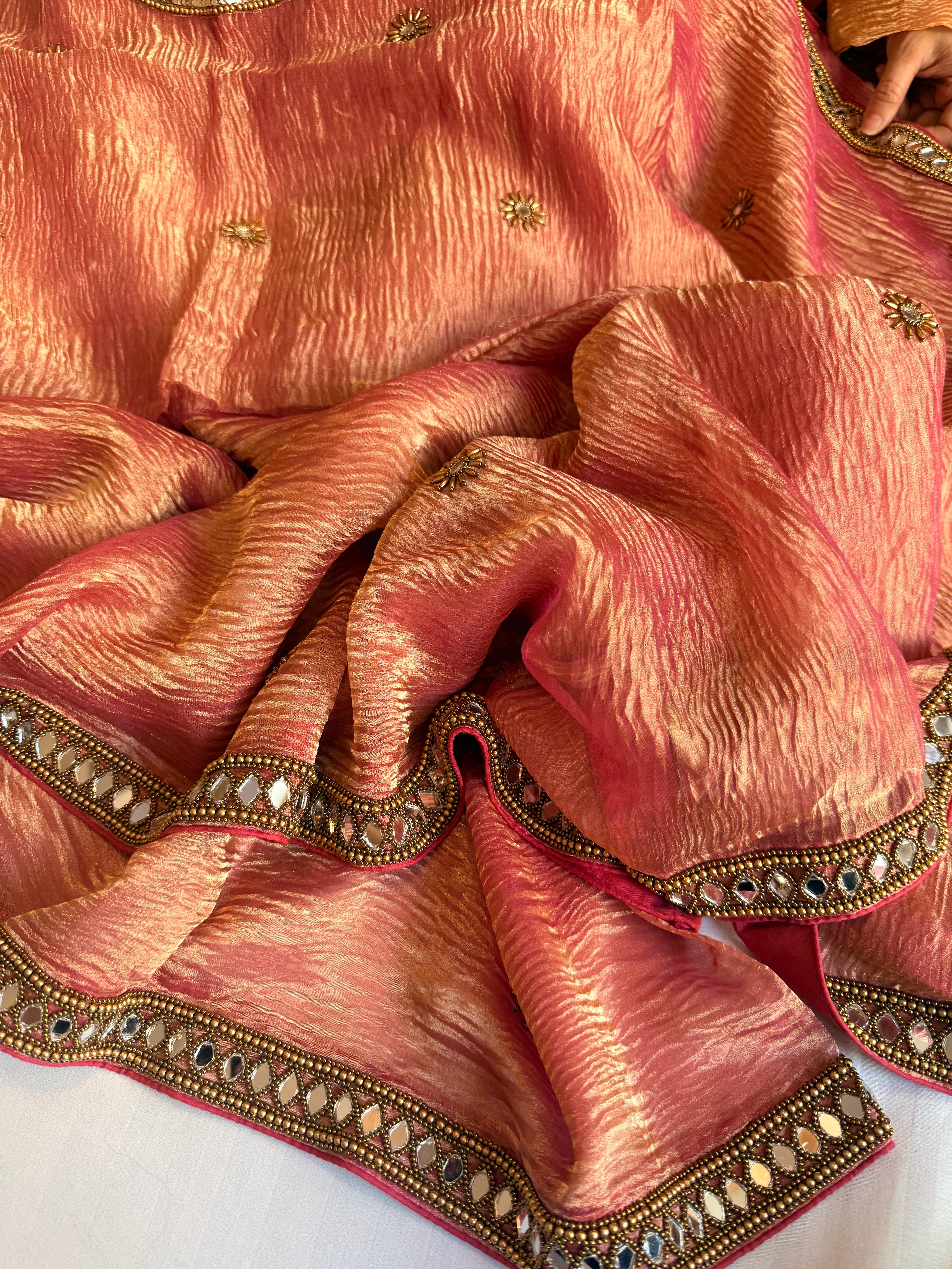 Mirrorwork edit gajri pink crushed tissue silk hand embroidered saree