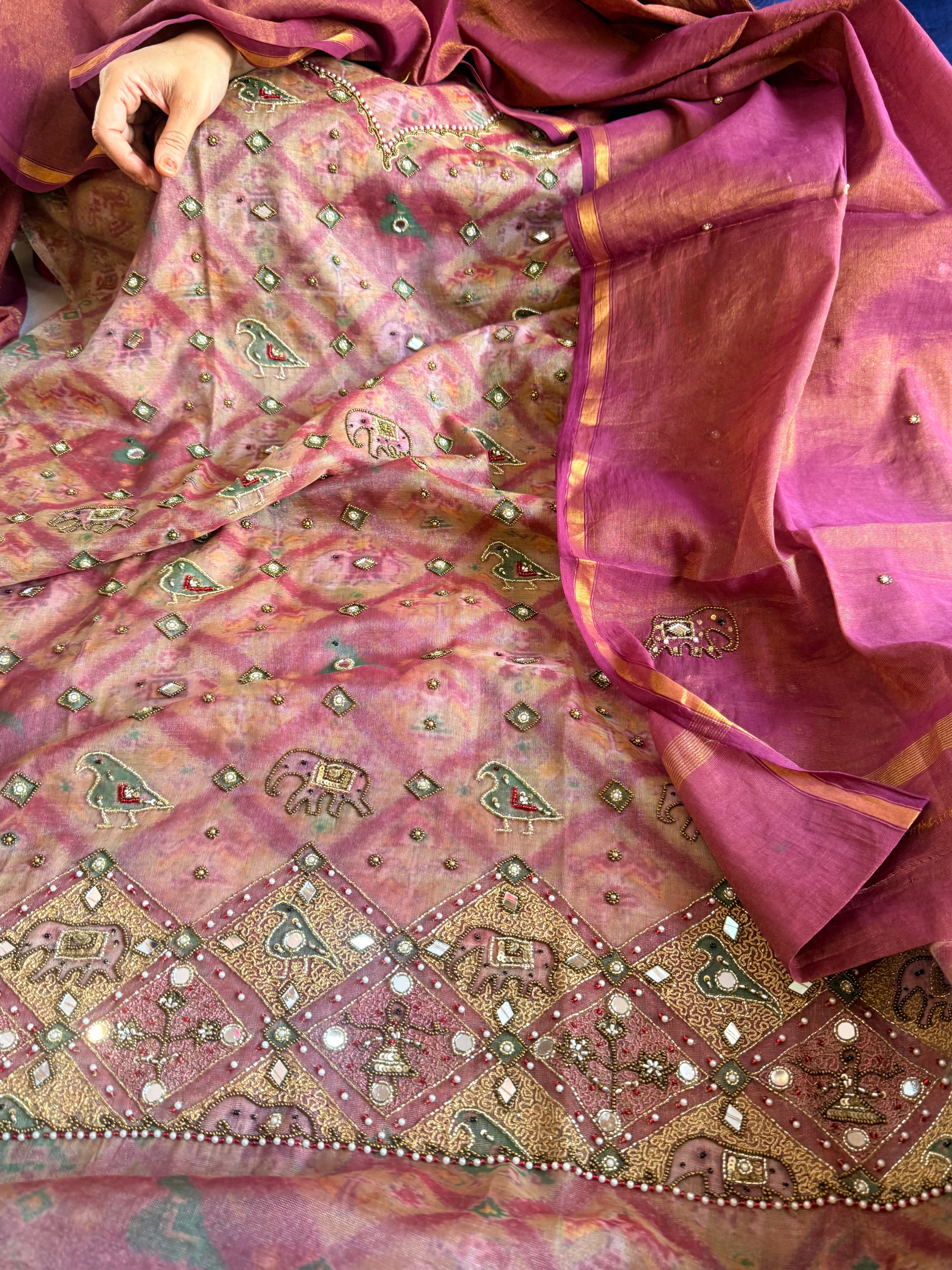 Patola weaving hand embroidered mul cotton tissue suit sets
