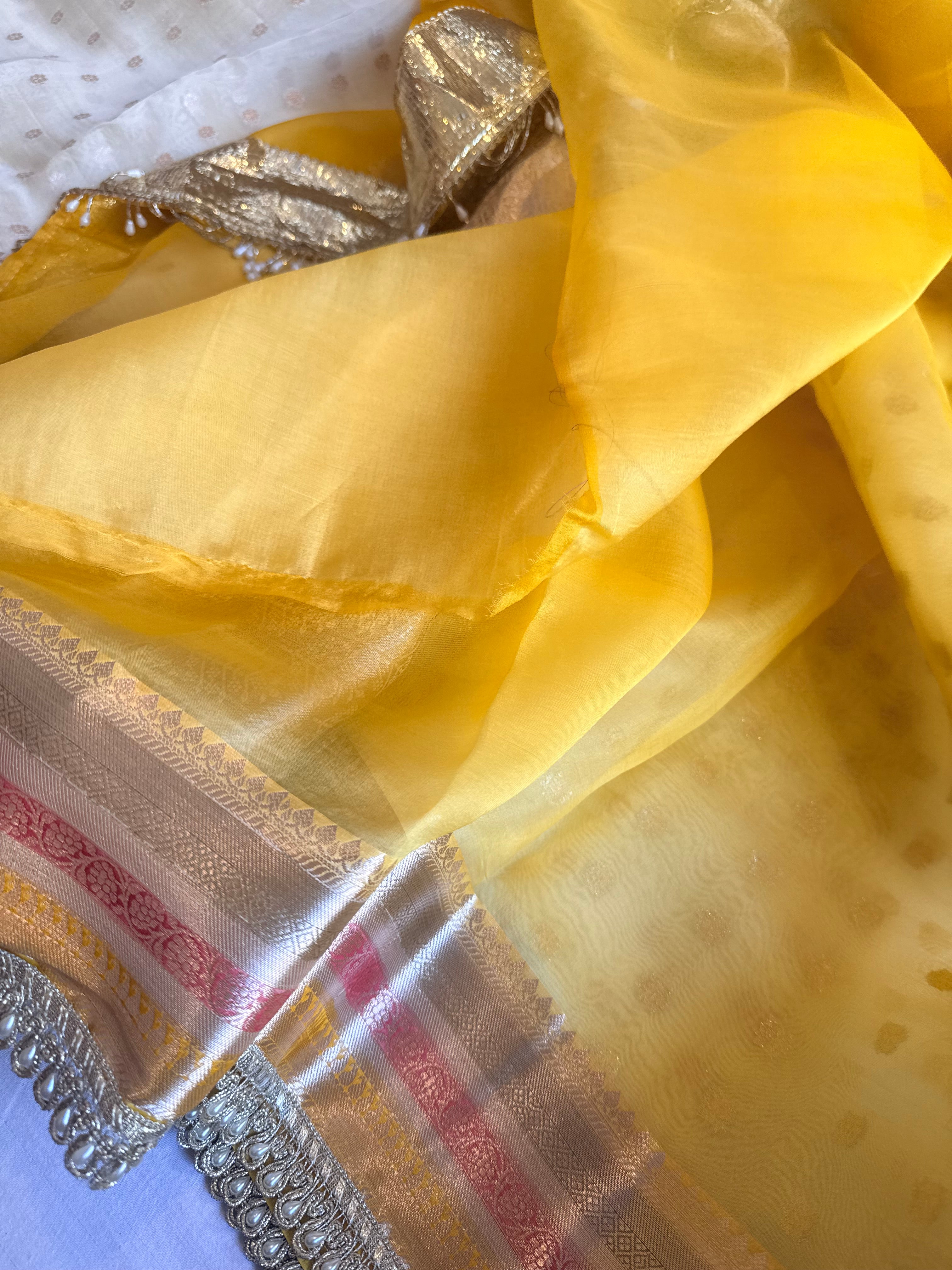 Banarasi kora silk rainbow dyed kadhwa saree with gotapatti work