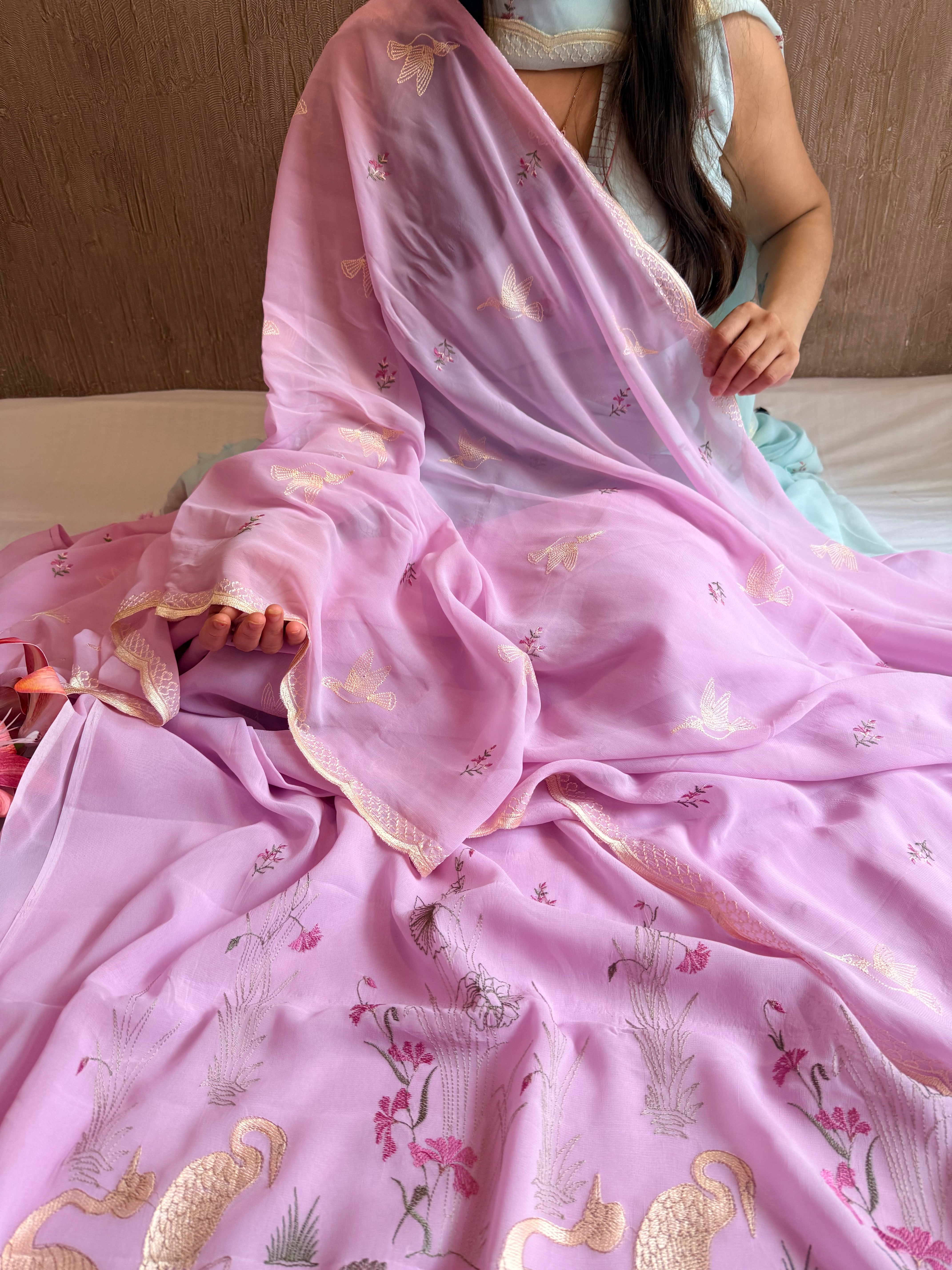Chiffon gorgette blush lilac flamingo meenakari hand embroidered suit