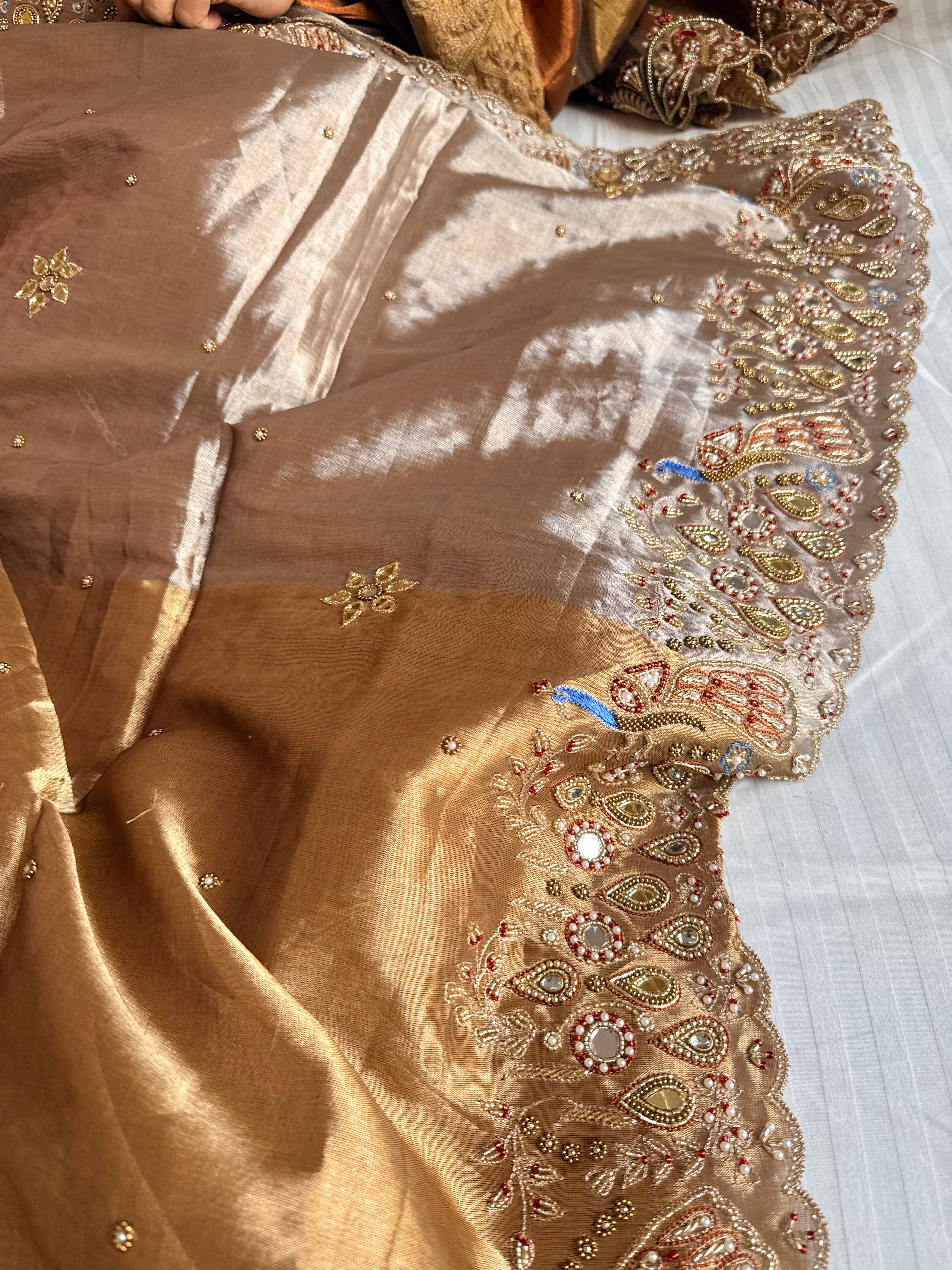 Kanjivaram banarasi tissue silk hand embroidered kadhwa saree with katan silk blouse